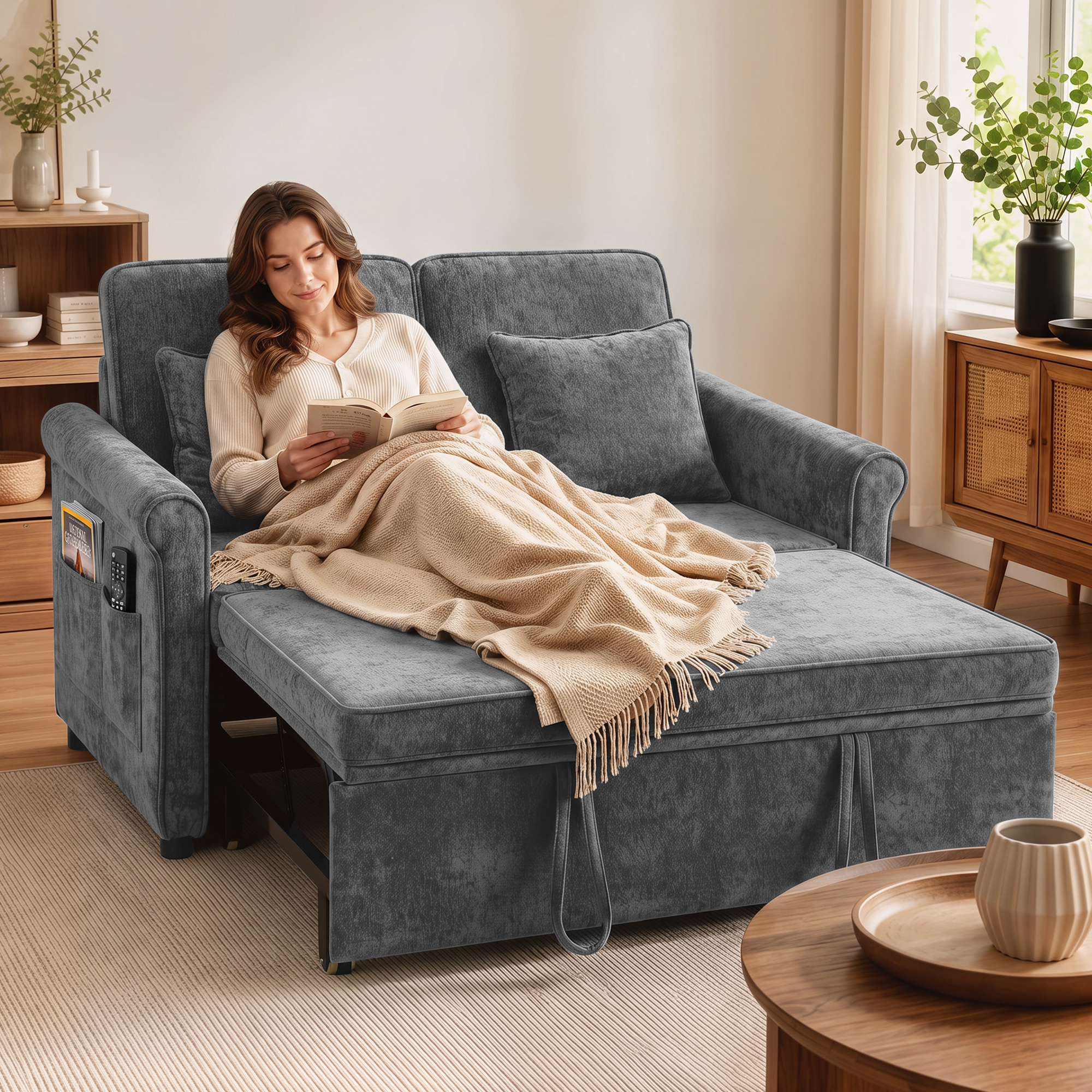 Una mujer lee un libro en un sofá cama gris, cubierta con una manta beige en una sala luminosa.