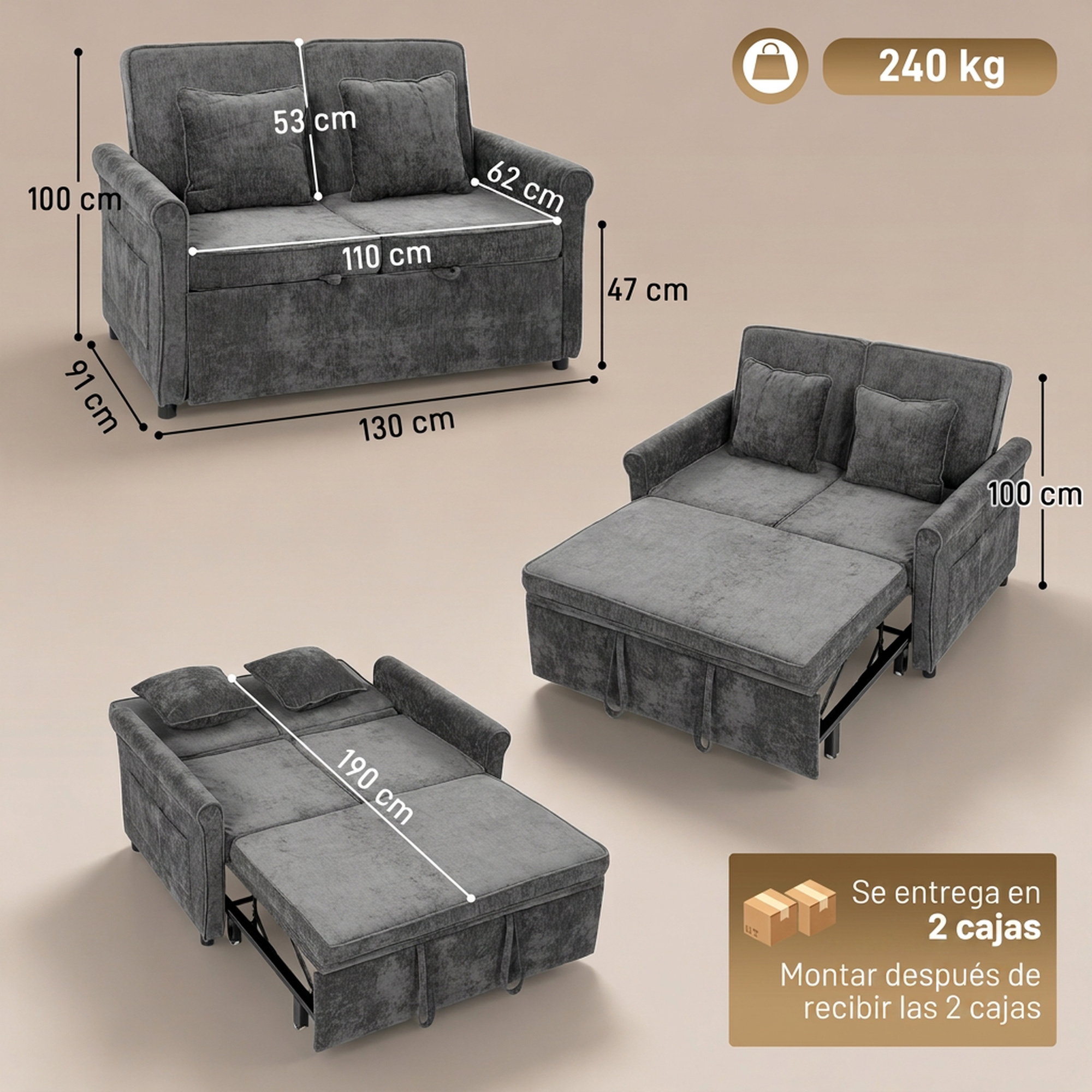 Sofá cama gris mostrado en varias configuraciones con medidas.