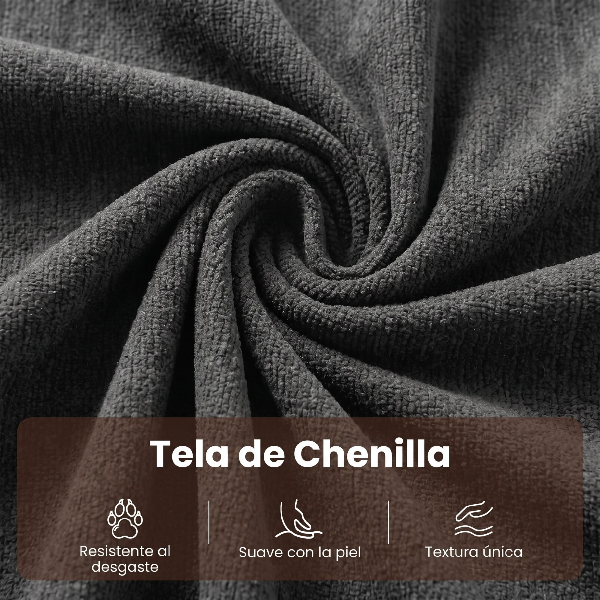 Primer plano de tela de chenilla gris oscuro con patrón en espiral y texto en español abajo.