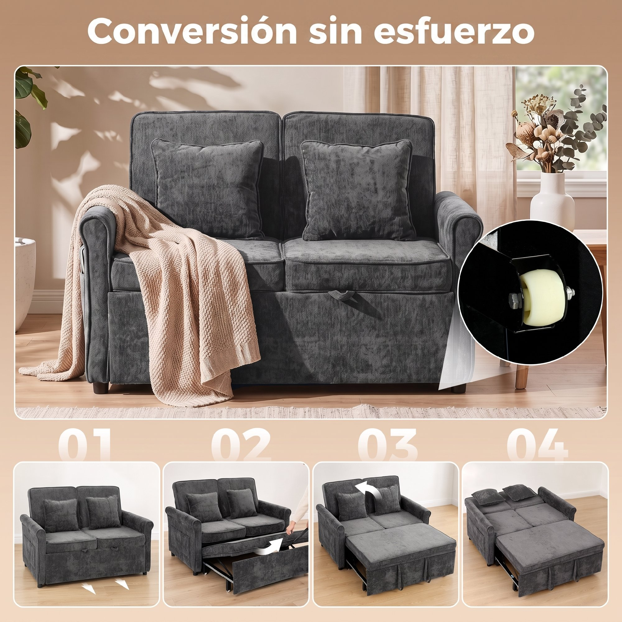 Sofá cama gris con cojines y manta, incluye detalle de rueda y cuatro pasos de conversión.