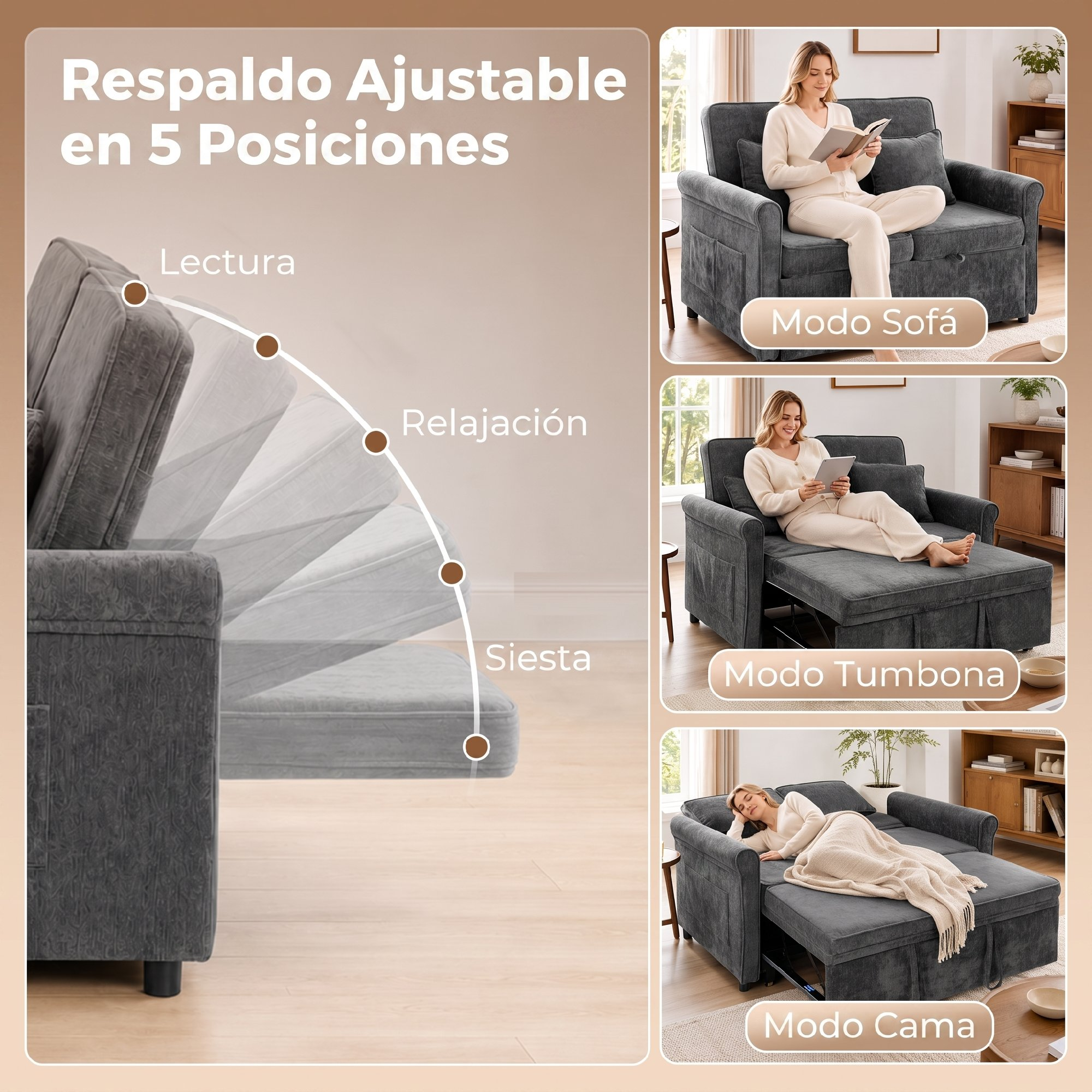 Un sillón gris ajustable que se convierte en tumbona y cama, demostrado por una mujer.
