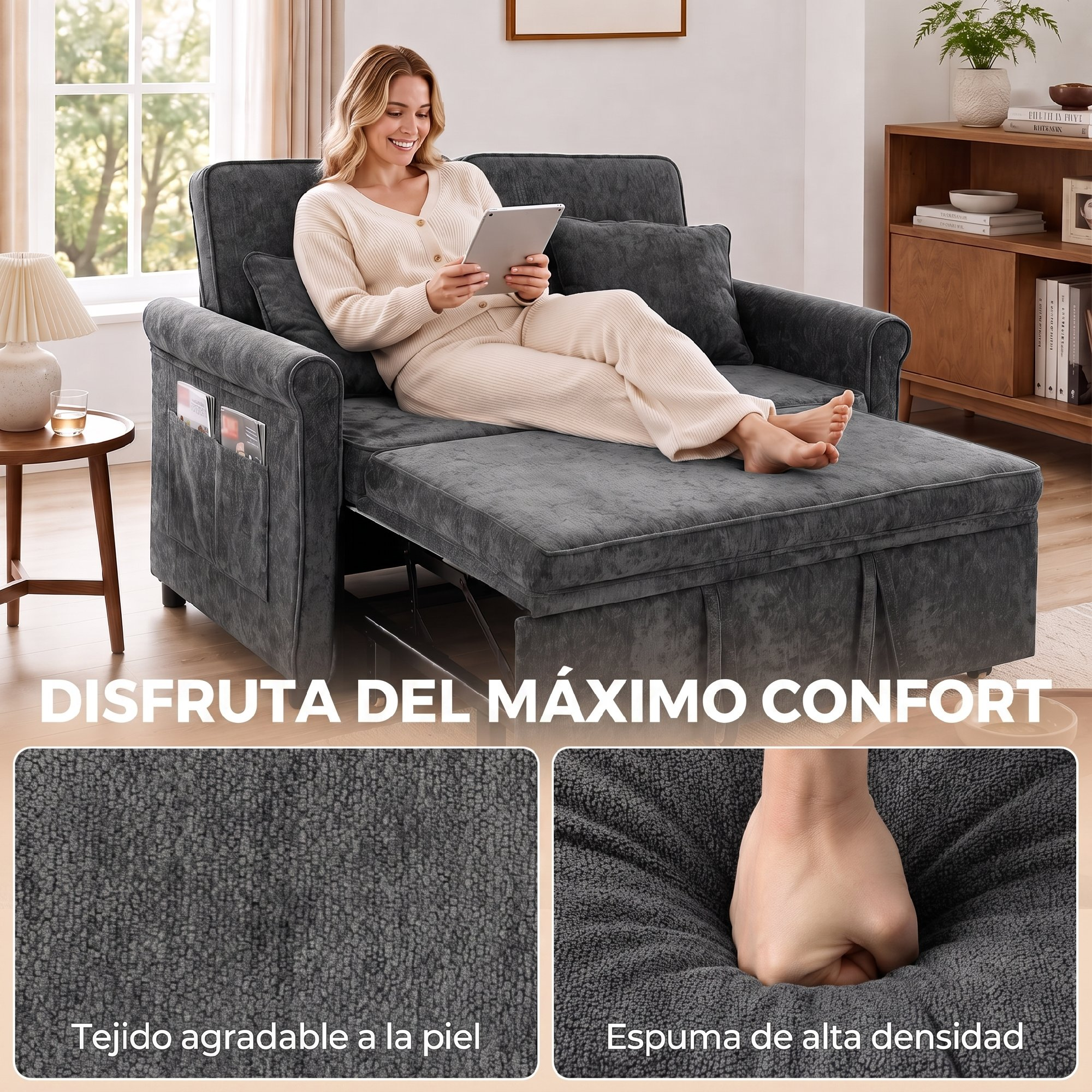 Una mujer se sienta en un sillón gris extendido usando una tableta en una habitación luminosa.