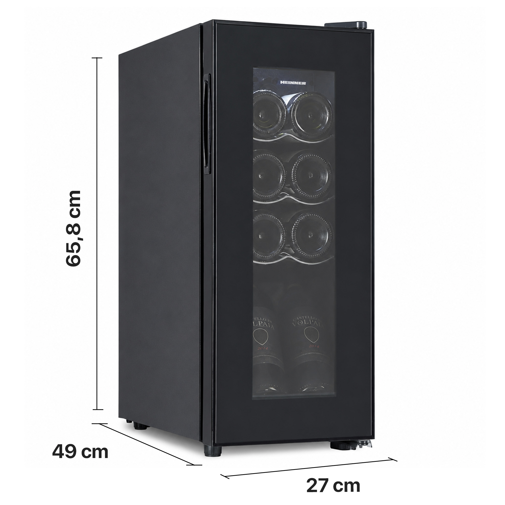 Ein schwarzer Weinkühlschrank mit Glasfenster, Flaschen im Inneren und Maßangaben in Zentimetern an der Seite.