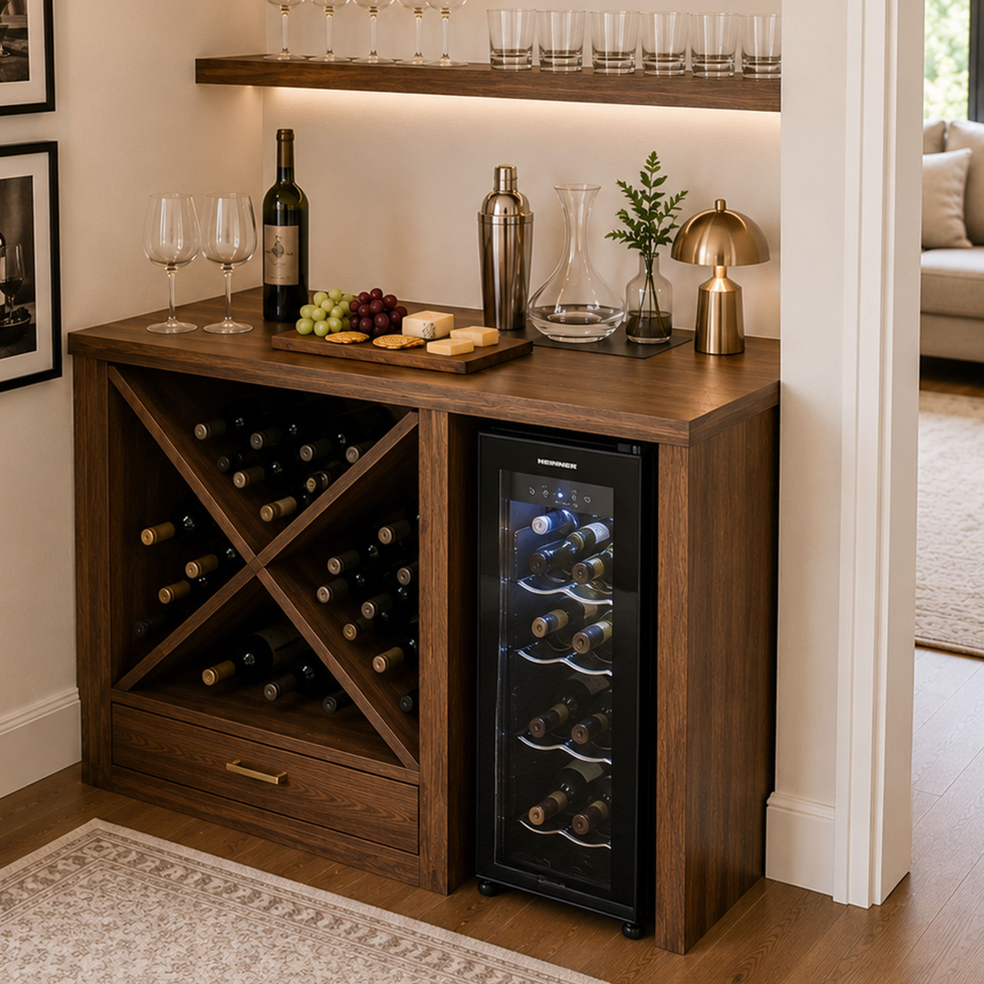 Eine Holzbar mit Weinregal, Weinkühlschrank und Gläsern, Käse und Trauben auf der Theke.