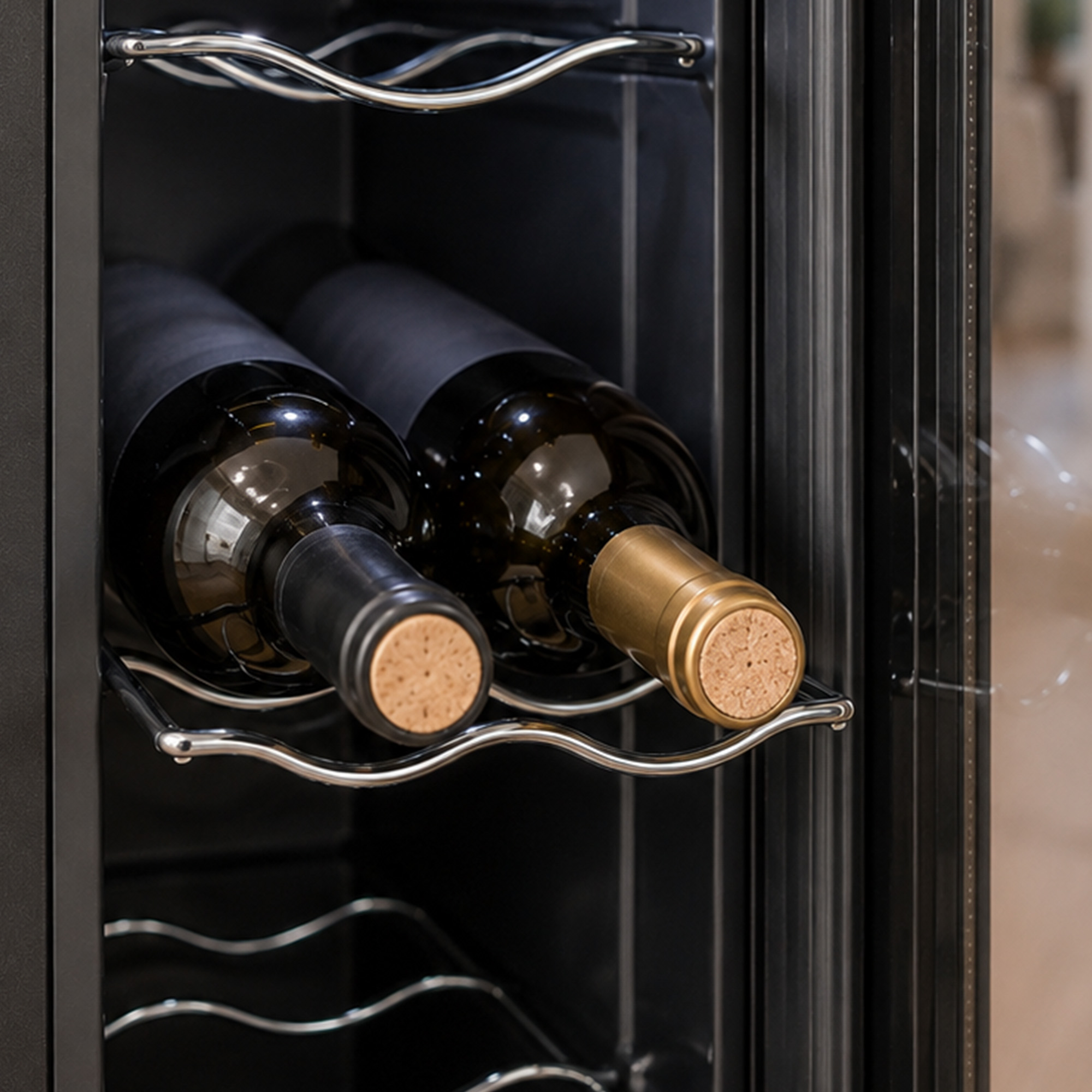 Zwei Weinflaschen mit Korken liegen auf einem Metallregal in einem Weinkühlschrank.