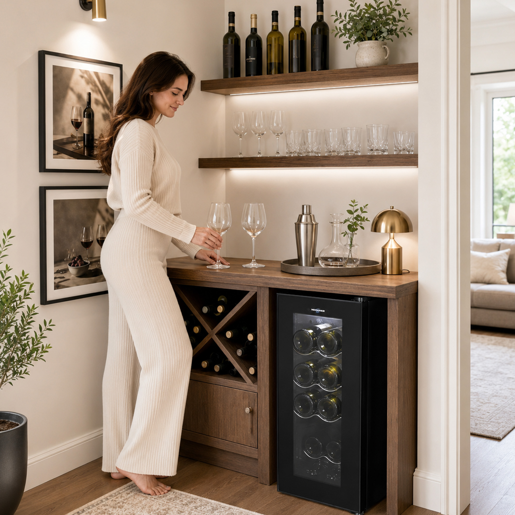 Eine Frau in Weiß steht neben einer hölzernen Hausbar mit Weinregalen und einem kleinen Kühlschrank.