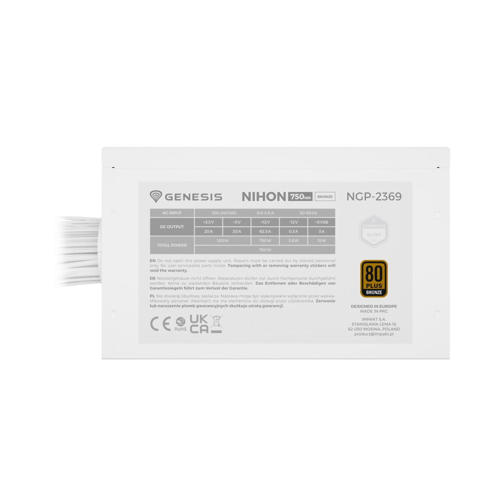 Biały zasilacz Genesis Nihon 750W ze specyfikacją i logo 80 Plus Bronze.