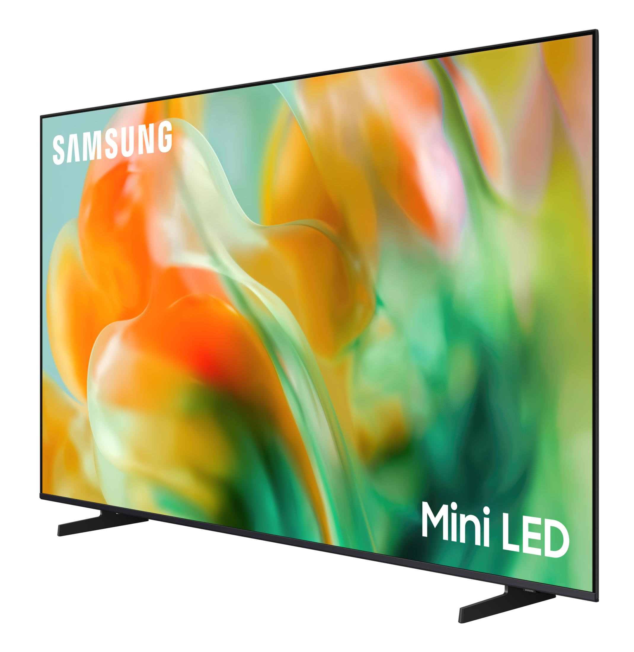 Telewizor Samsung Mini LED z kolorowym abstrakcyjnym obrazem na ekranie, na białym tle.