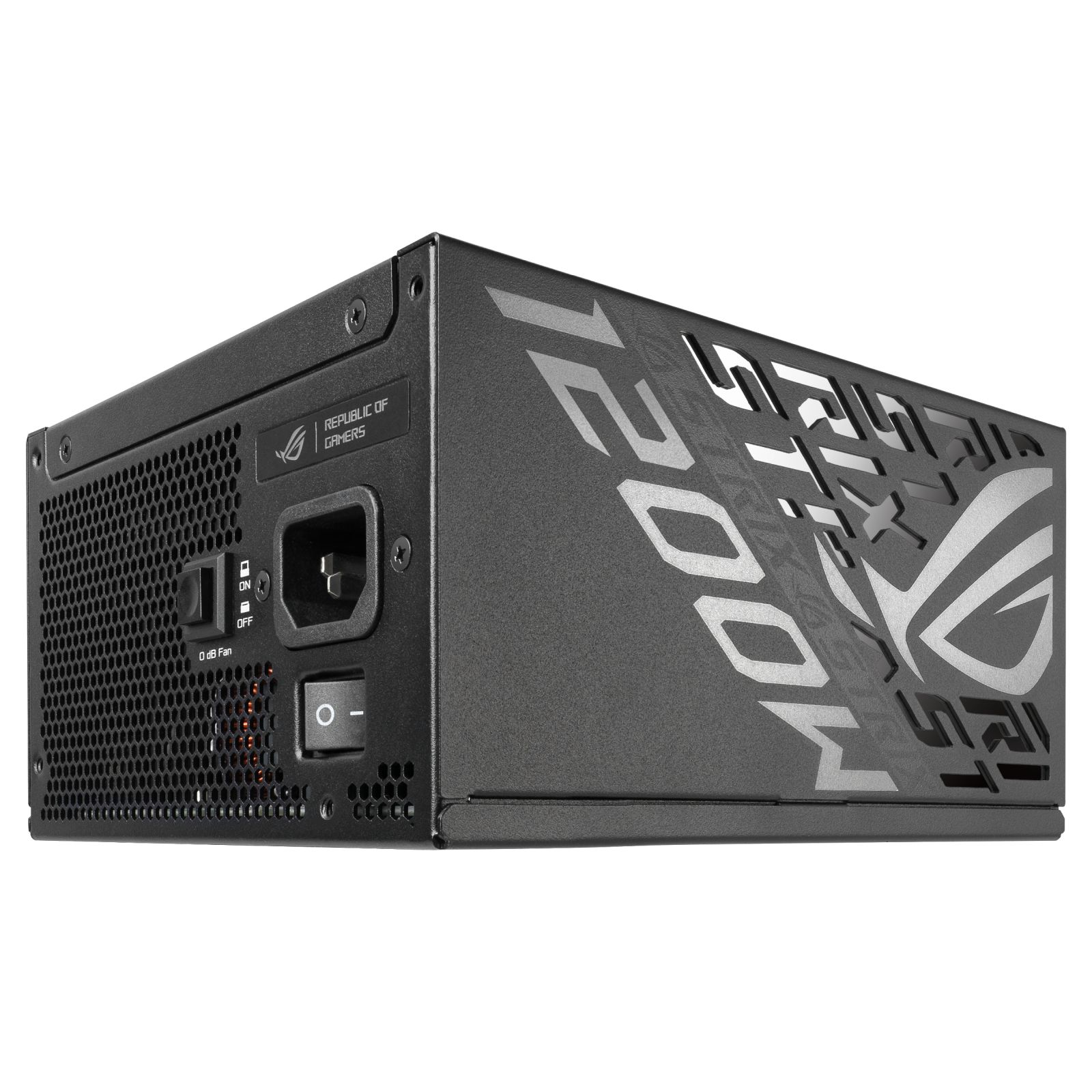 Czarny zasilacz komputerowy ROG Strix 1200W z gniazdem zasilania i włącznikiem na białym tle.
