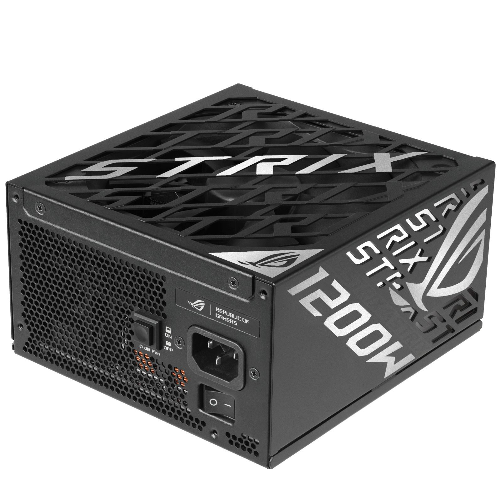 Czarny zasilacz komputera 1200W z brandingiem ROG Strix i kratką wentylatora na białym tle.