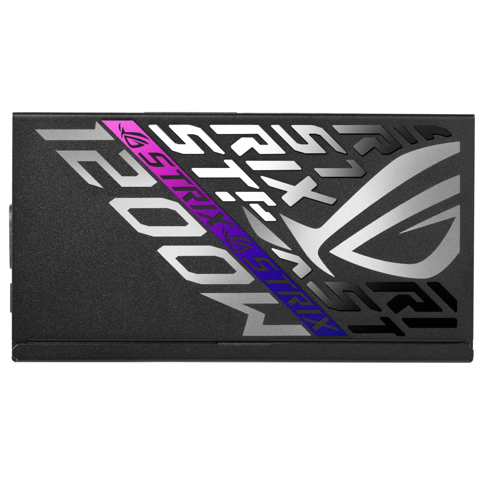 Czarny zasilacz komputera z dużym szarym logo ROG i napisem 1200W Strix z boku.