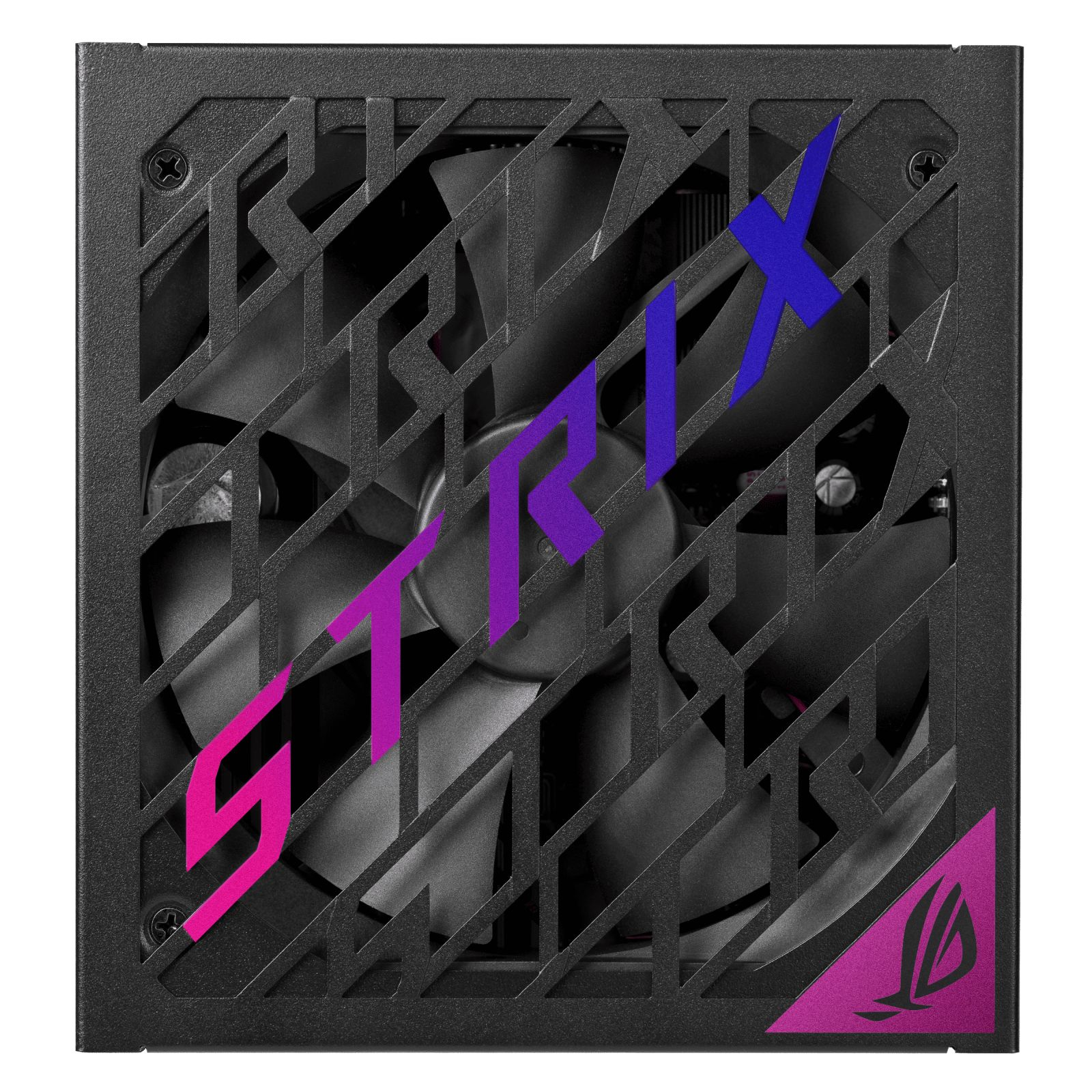 Czarny zasilacz z wzorzystą kratką wentylatora i logo STRIX w kolorze różowym i fioletowym.