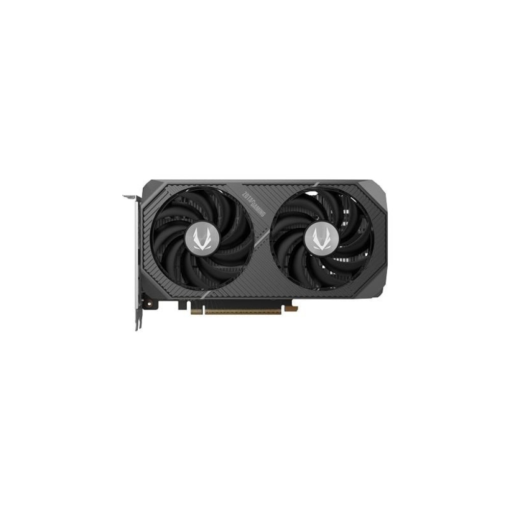 Czarna karta graficzna Zotac Gaming z dwoma wentylatorami na białym tle.