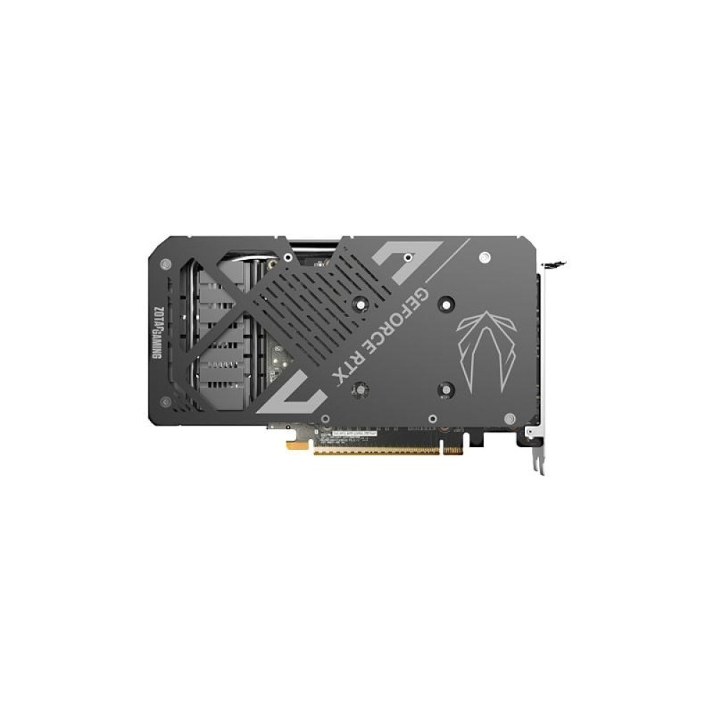 Czarno-szara karta graficzna Zotac Gaming GeForce RTX z płytą tylną na białym tle.