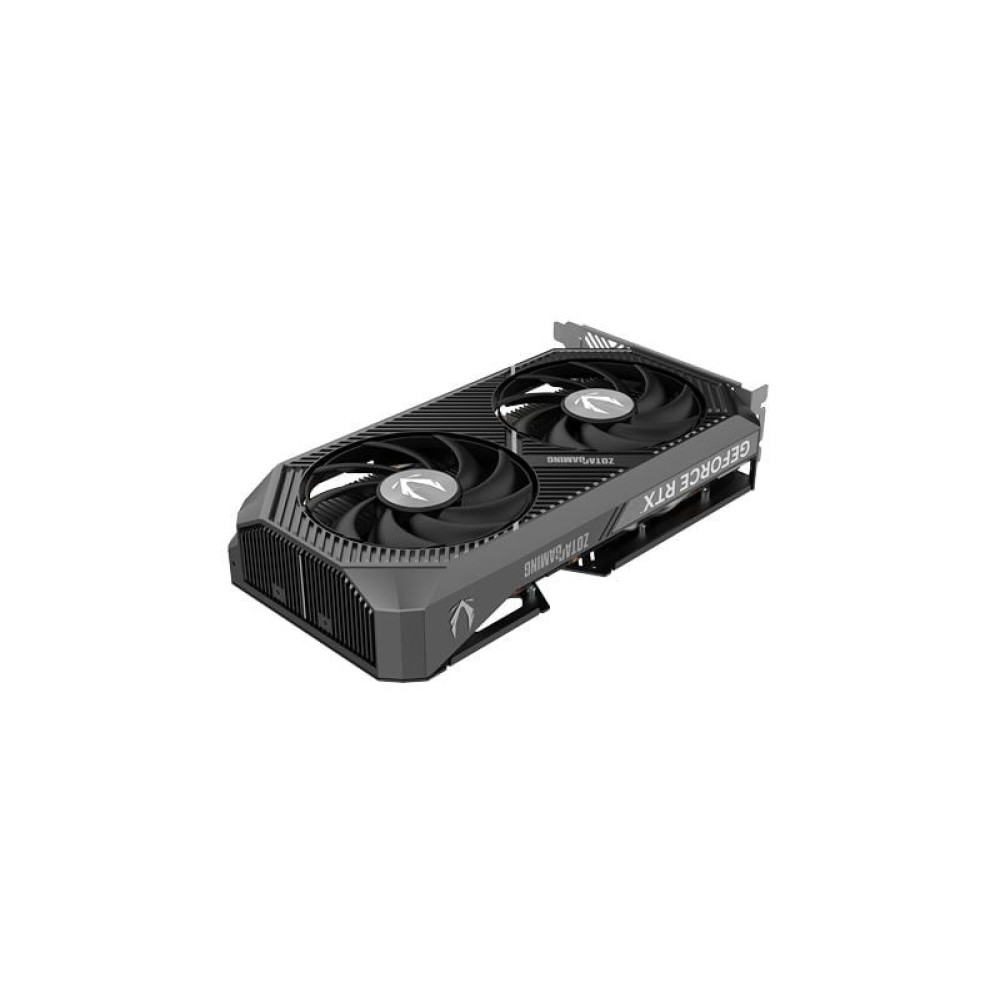 Czarno-szara karta graficzna Zotac Gaming z dwoma wentylatorami na białym tle.