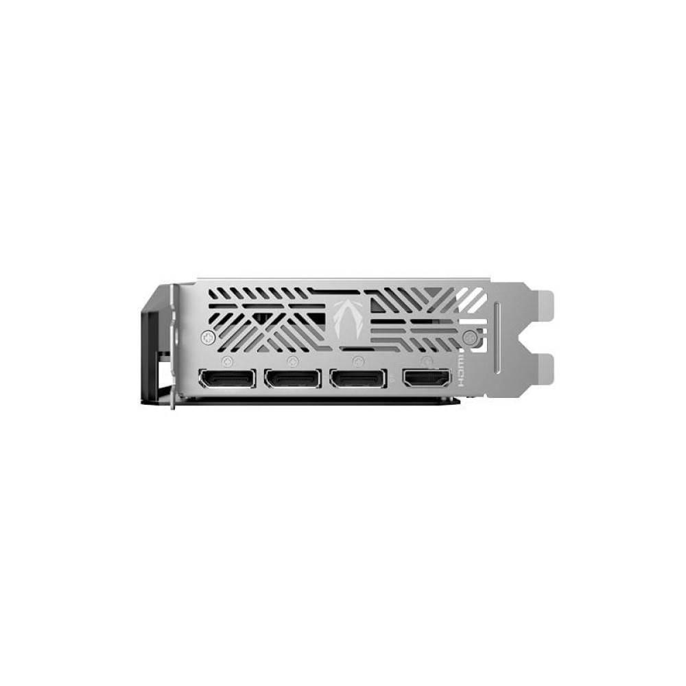 Widok z tyłu srebrnej karty graficznej z trzema portami DisplayPort i jednym portem HDMI na białym tle.
