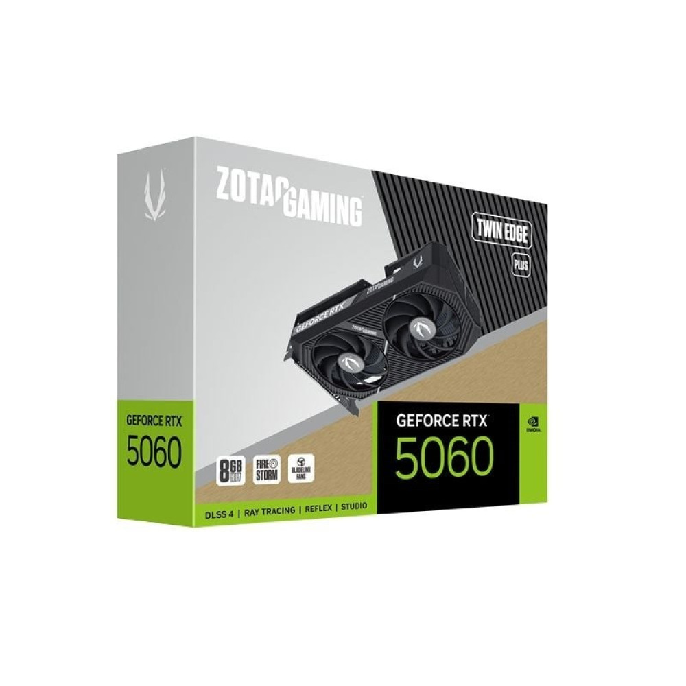 Opakowanie karty graficznej Zotac Gaming GeForce RTX 5060 z dwoma wentylatorami i zielonymi akcentami.