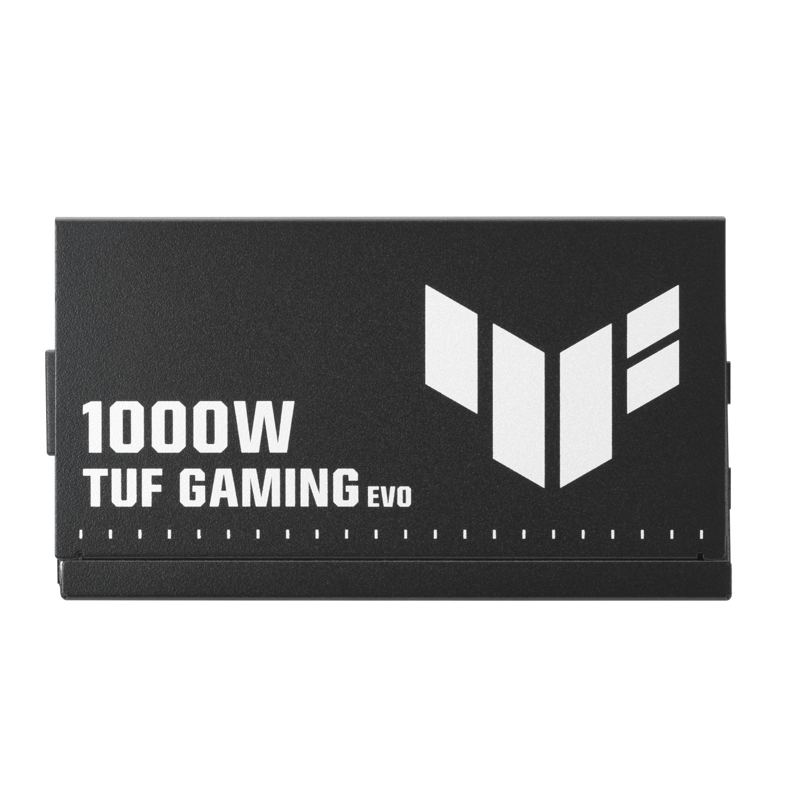 Czarny zasilacz 1000W TUF Gaming EVO z białym logo i tekstem na białym tle.