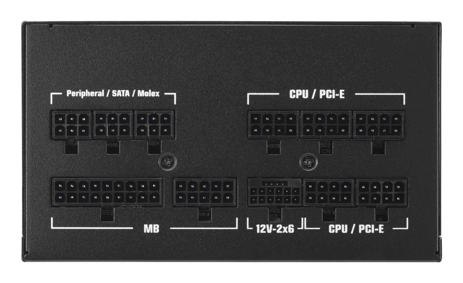 Czarny panel modularnego zasilacza z oznaczonymi portami.