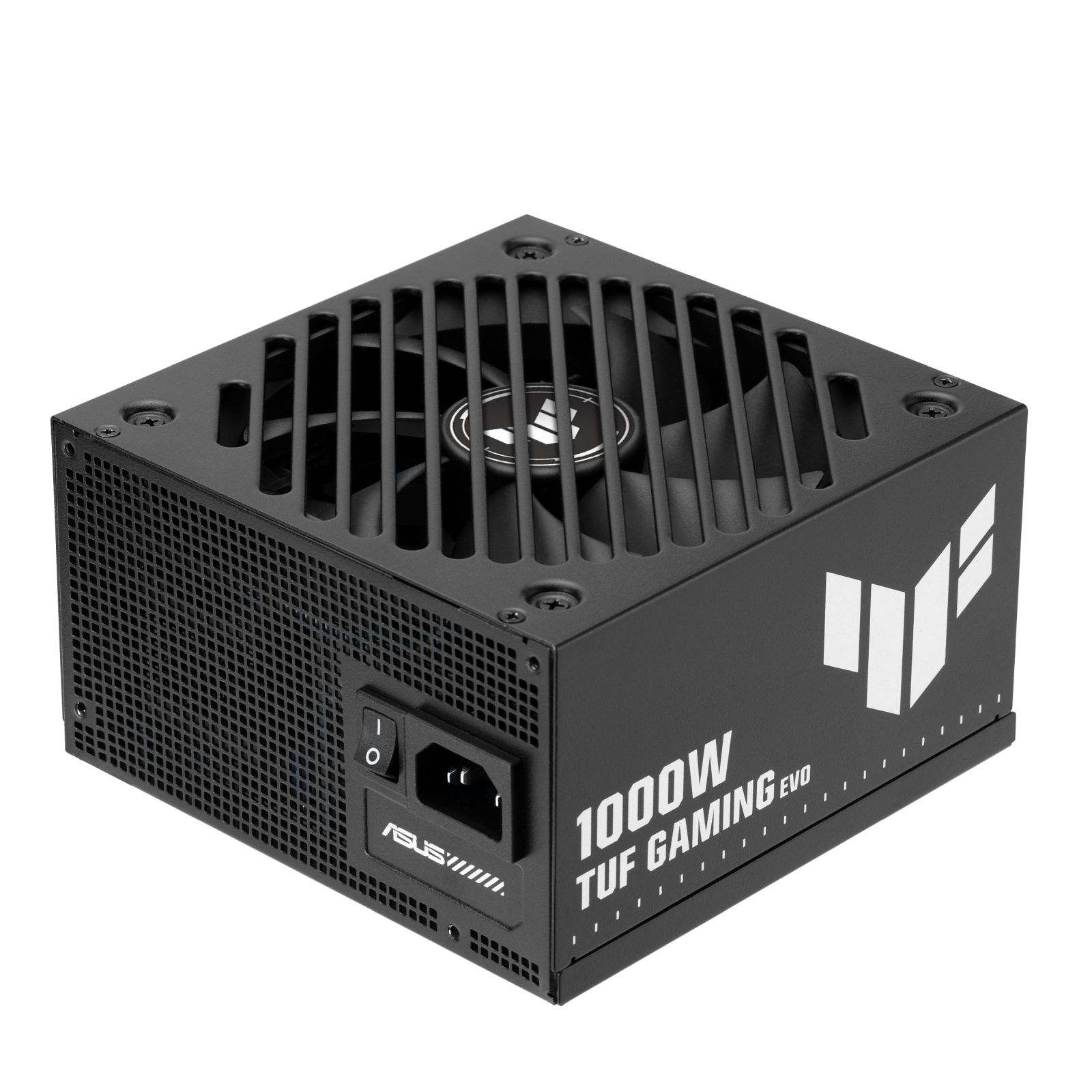 Czarny zasilacz komputera Asus TUF Gaming EVO 1000W z kratką wentylatora na białym tle.
