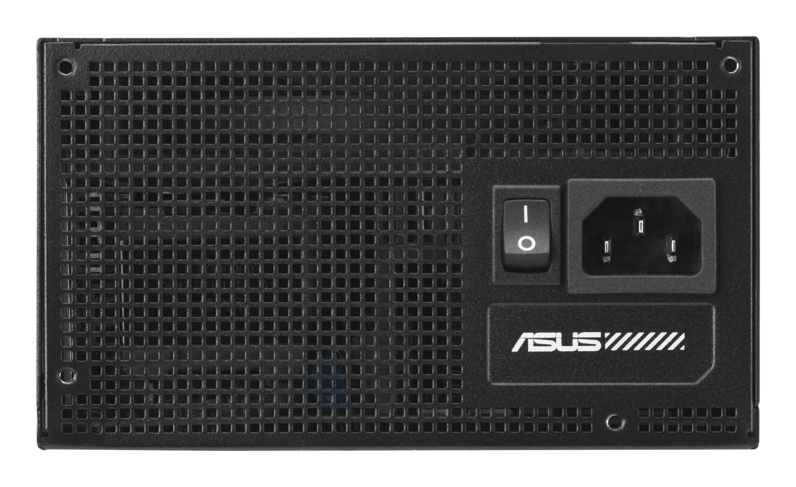 Czarny zasilacza Asus z kratką wentylacyjną, wyłącznikiem i gniazdem.