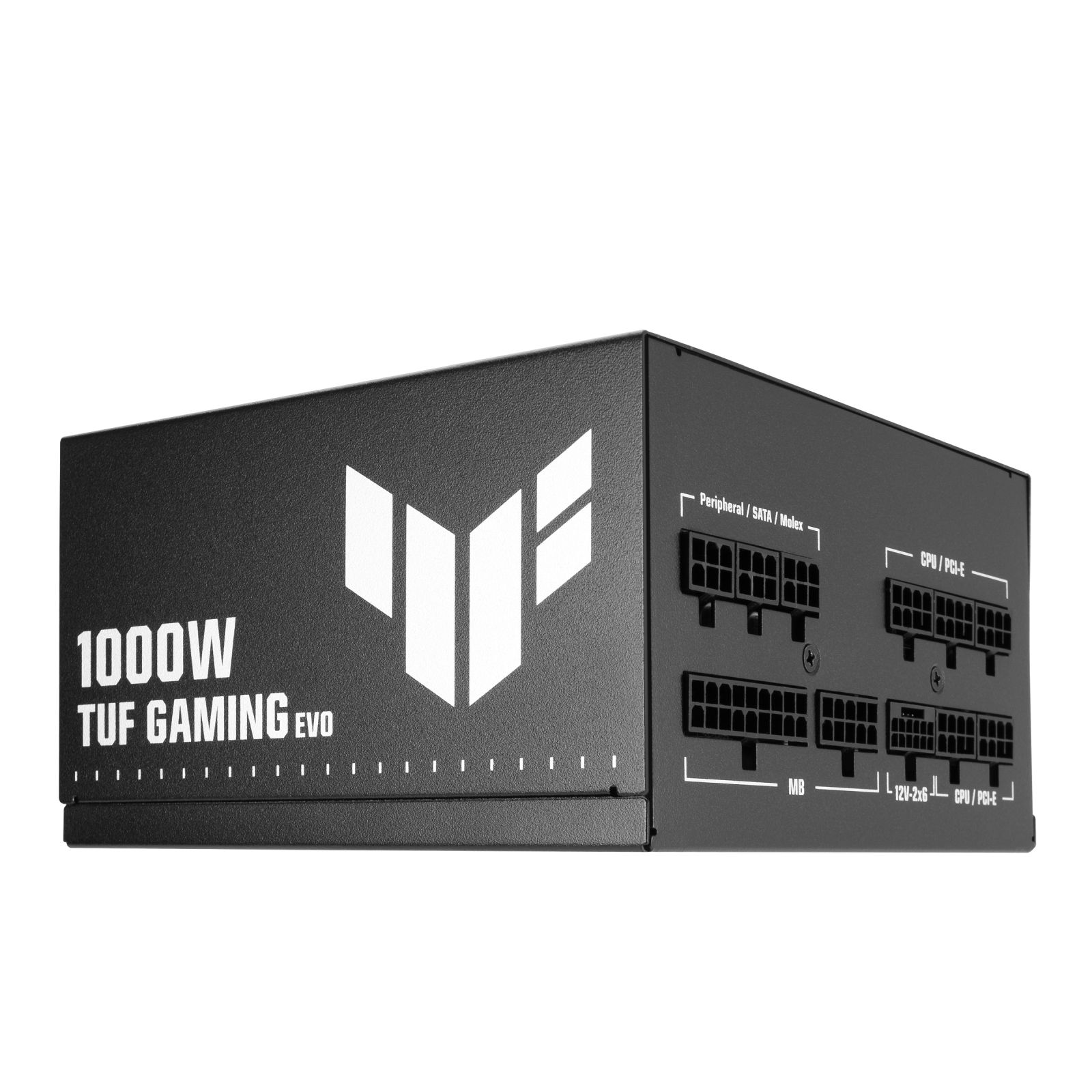 Czarny zasilacz komputerowy 1000W TUF Gaming Evo z modularnymi złączami.