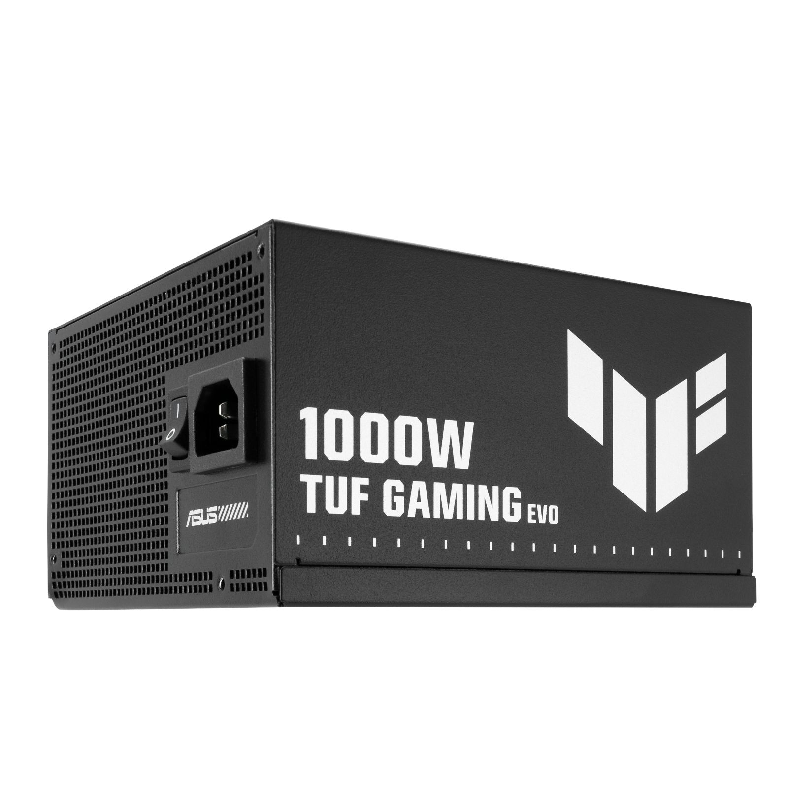 Czarny zasilacza Asus TUF Gaming 1000W z białym logo i tekstem na białym tle.