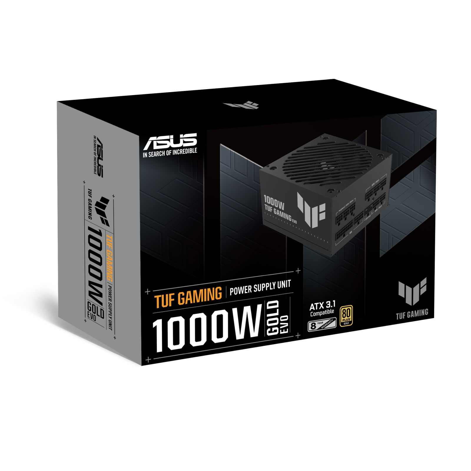 Opakowanie zasilacza ASUS TUF Gaming 1000W Gold Evo przedstawia czarno-szare urządzenie wraz z danymi.