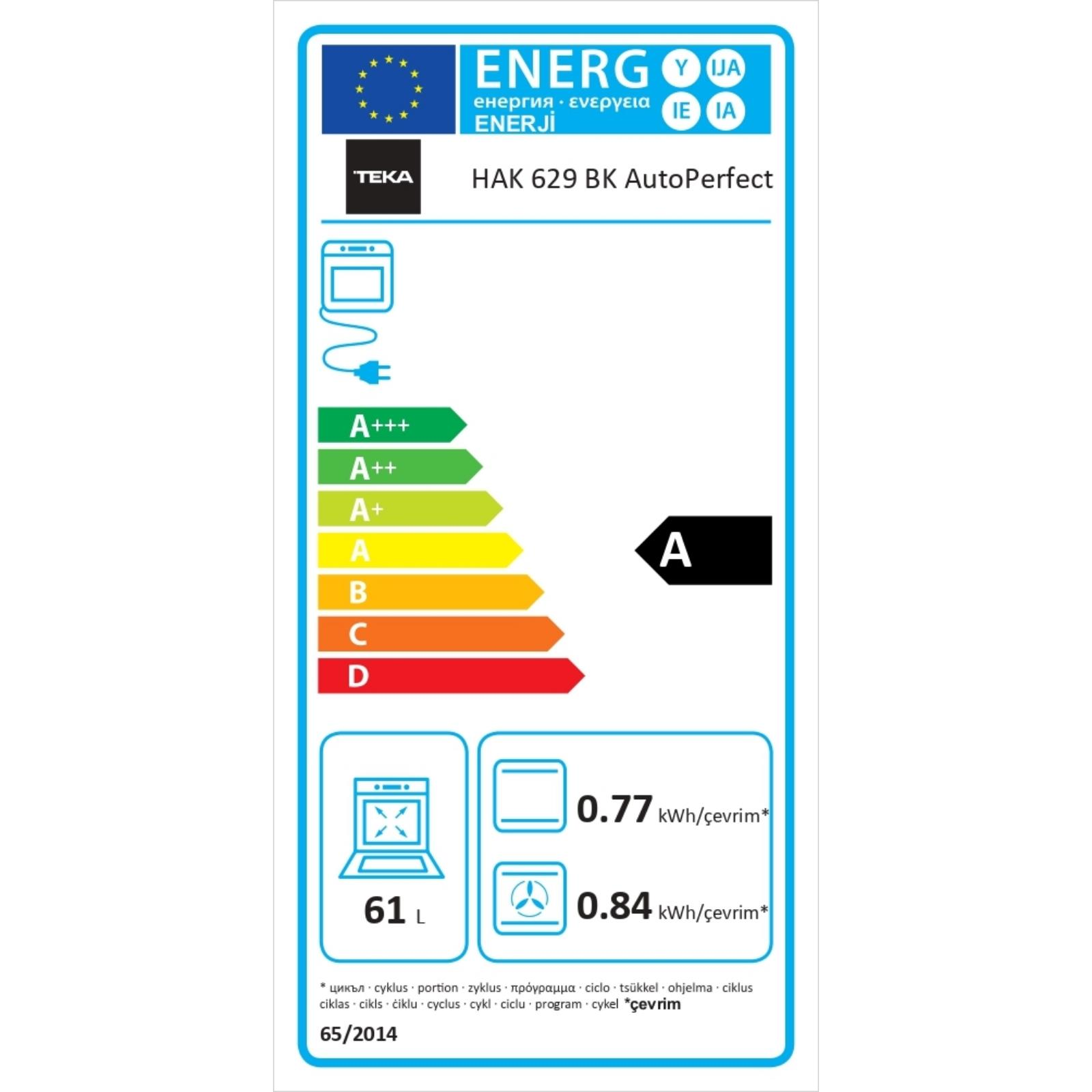 Teka HAK 629 BK AutoPerfect fırın için A sınıfı enerji etiketi, verimlilik çubukları ve tüketim bilgileriyle.