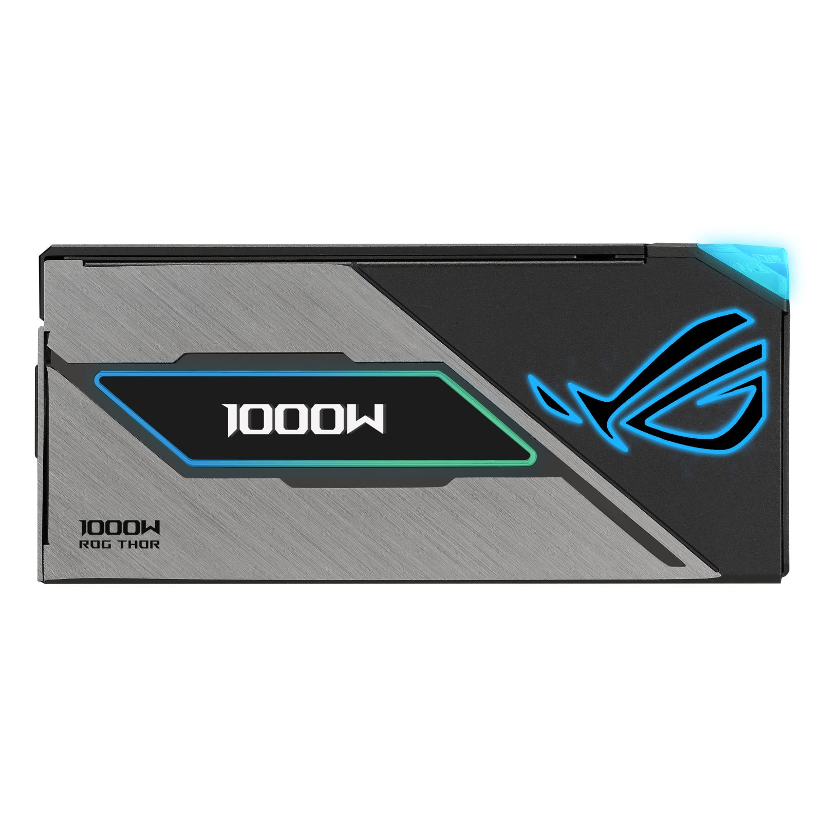 Czarno-srebrny zasilacz Asus ROG Thor 1000W z niebieskim podświetleniem.