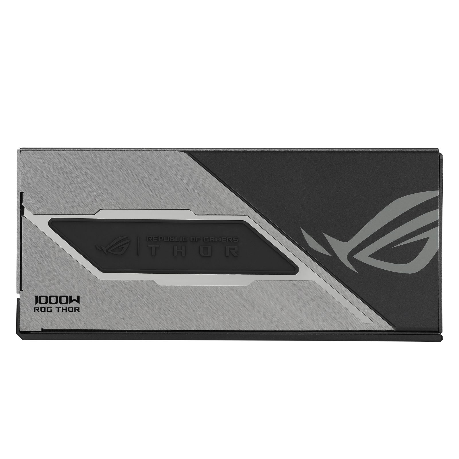 Zasilacz Asus ROG Thor 1000W ze szczotkowanego metalu, czarna obudowa i logo ROG na białym tle.