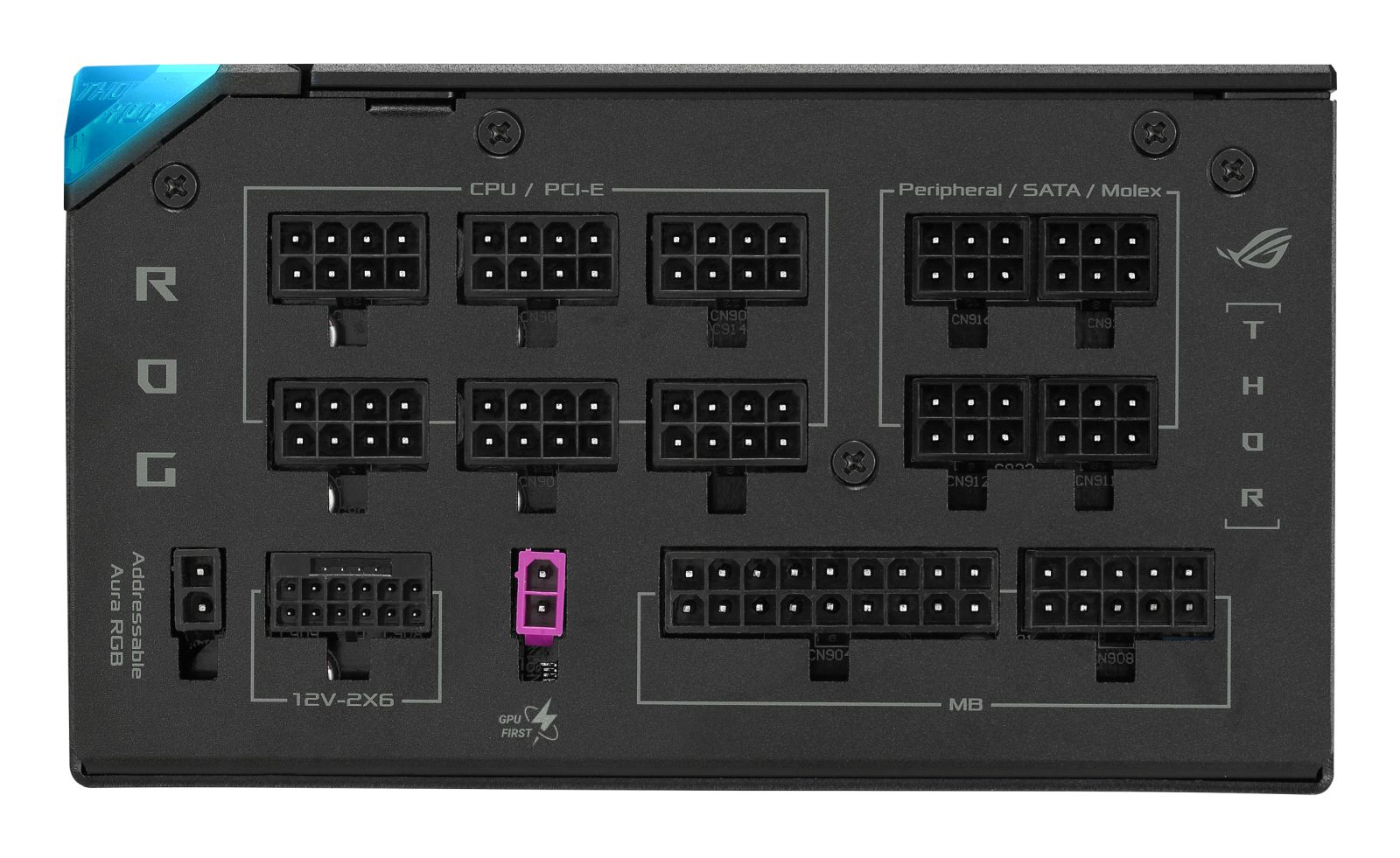 Tył czarnego zasilacza PC z oznaczonymi modularnymi złączami kablowymi i logo ROG Thor.