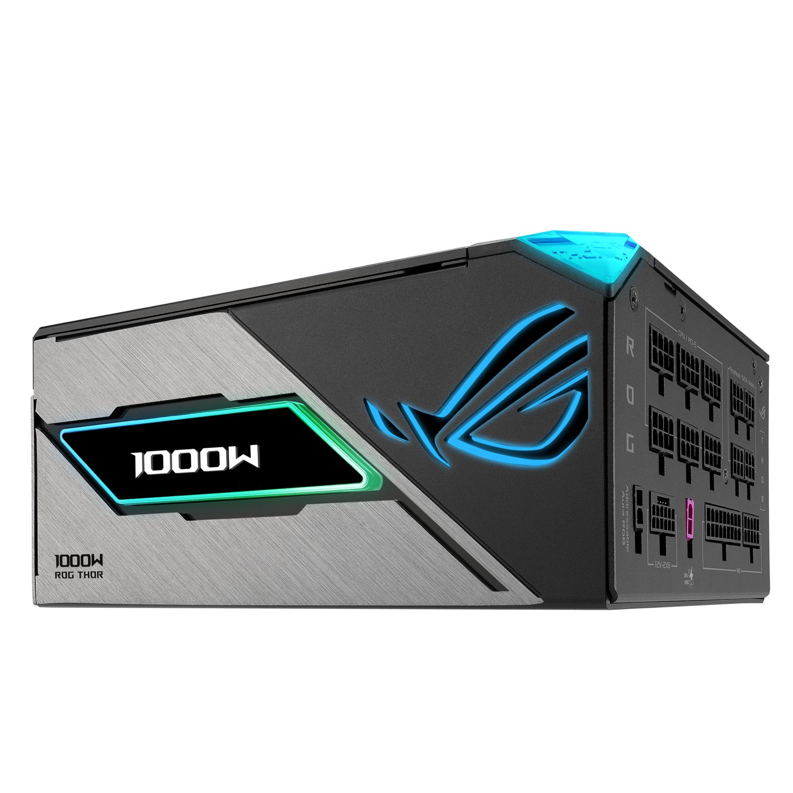 Czarny zasilacz ASUS ROG Thor 1000W z niebieskimi podświetlanymi akcentami.