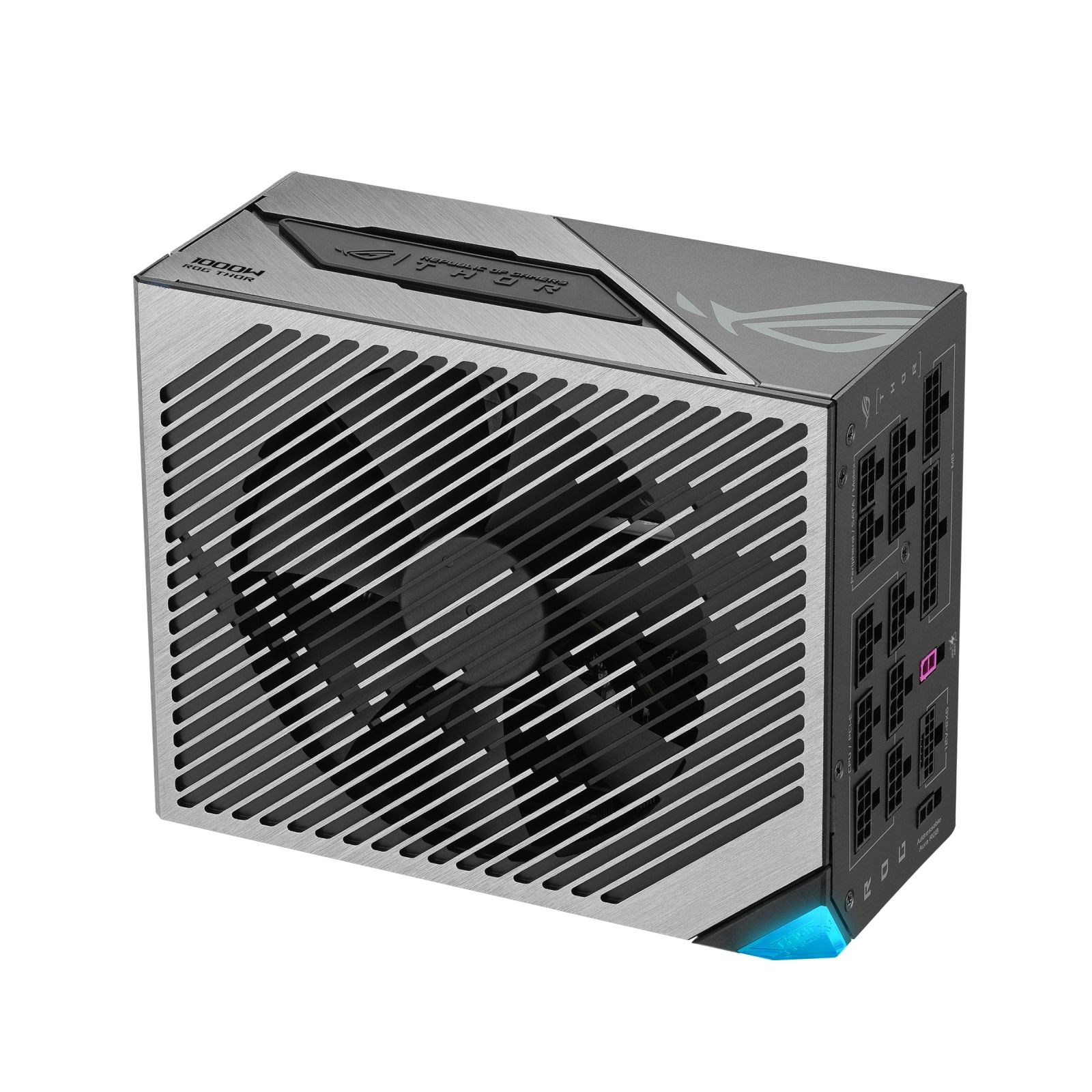 Srebrny zasilacz Asus ROG Thor 1000W z wentylatorem i złączami bocznymi na białym tle.