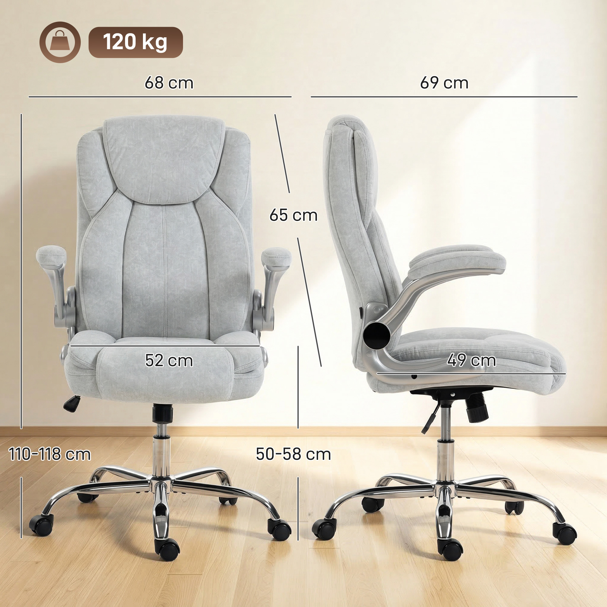 Silla de oficina gris de frente y perfil, con medidas de ancho, altura y un límite de 120 kg.