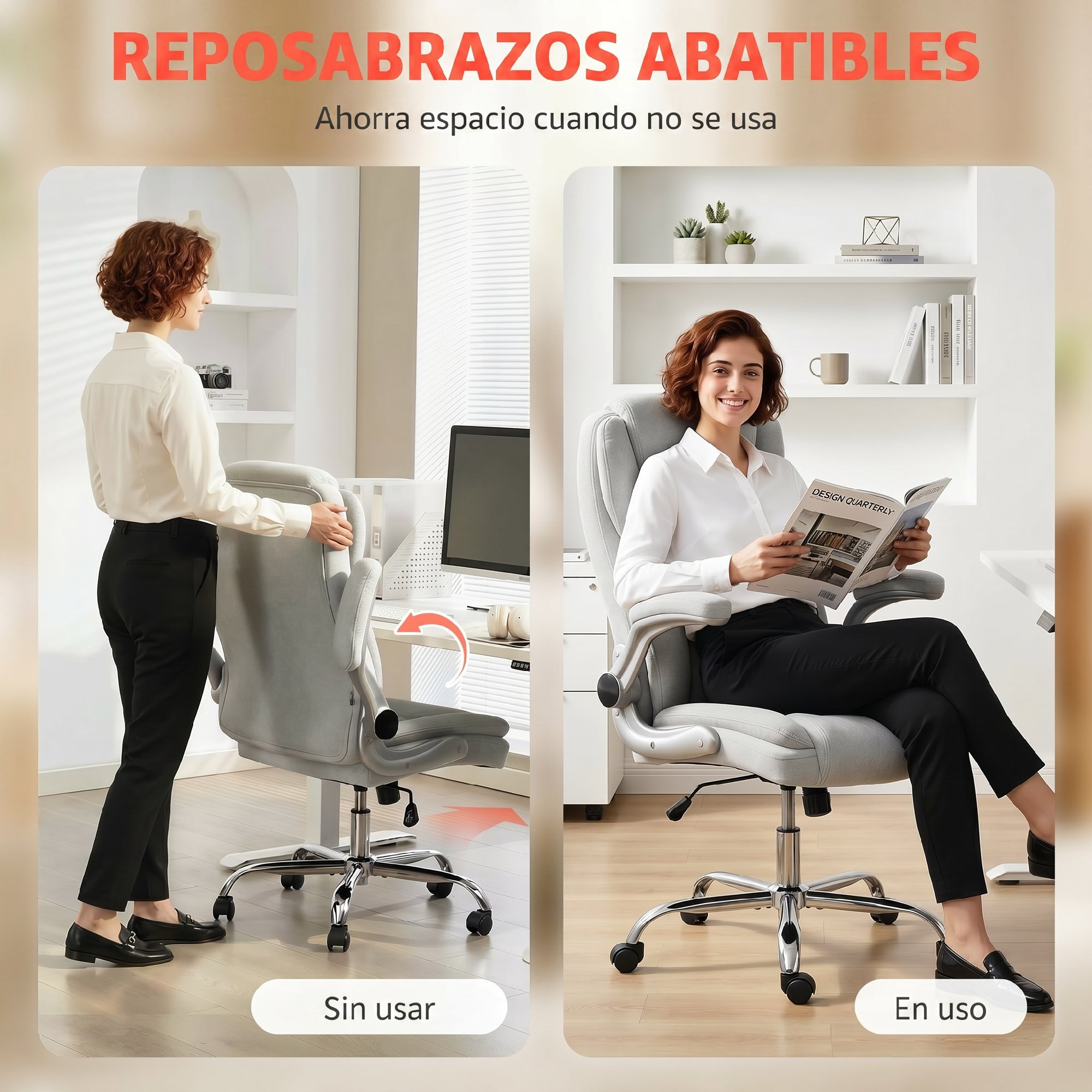 Una mujer doblando los brazos de una silla de oficina gris en una oficina.