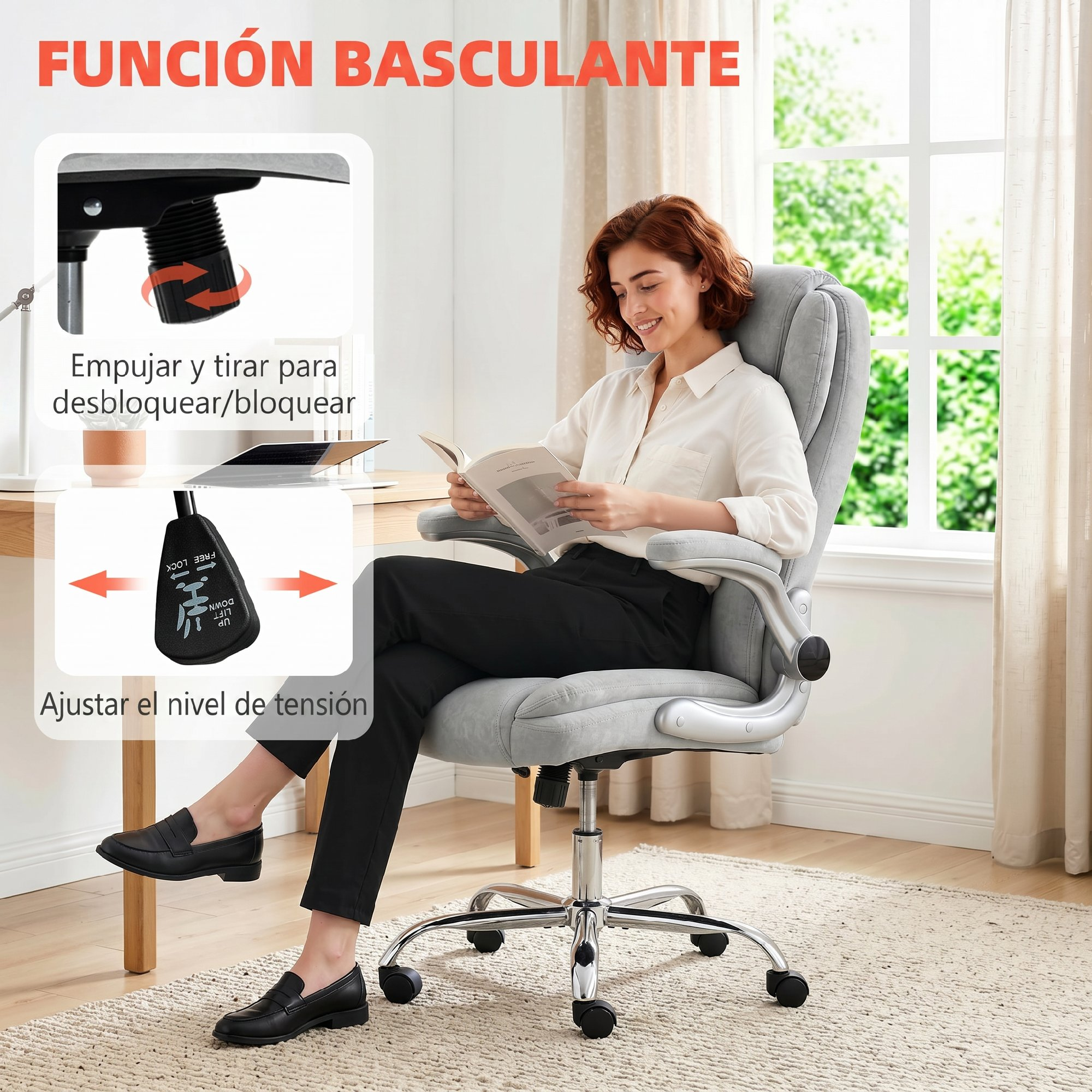 Una mujer sonriente está sentada en una silla de oficina gris leyendo un libro; los insertos muestran las palancas.
