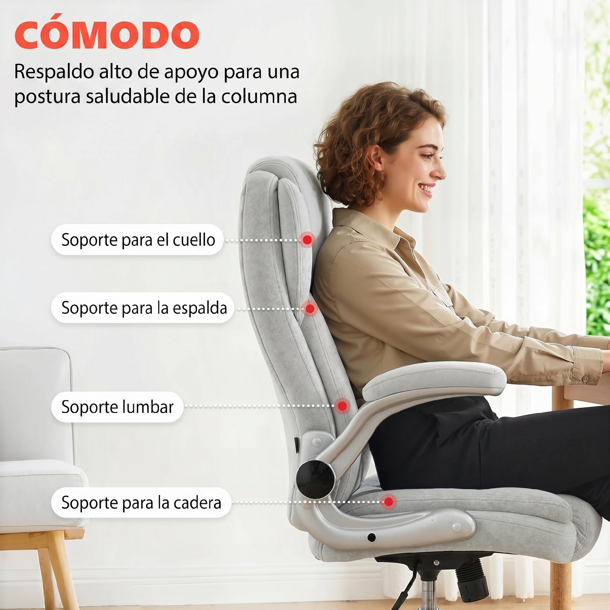 Una mujer se sienta en una silla de oficina gris que destaca soporte para cuello, espalda, lumbar y cadera.