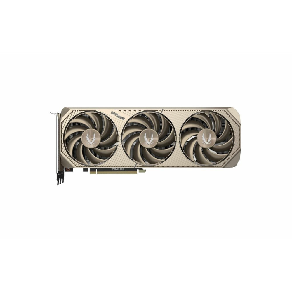 Złota karta graficzna Zotac Gaming z trzema wentylatorami i złotą obudową na białym tle.