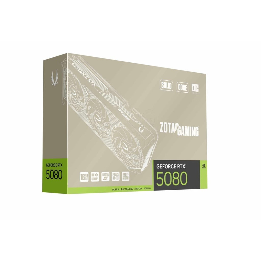 Pudełko karty graficznej Zotac Gaming GeForce RTX 5080 w kolorze beżowym, zielonym i białym.