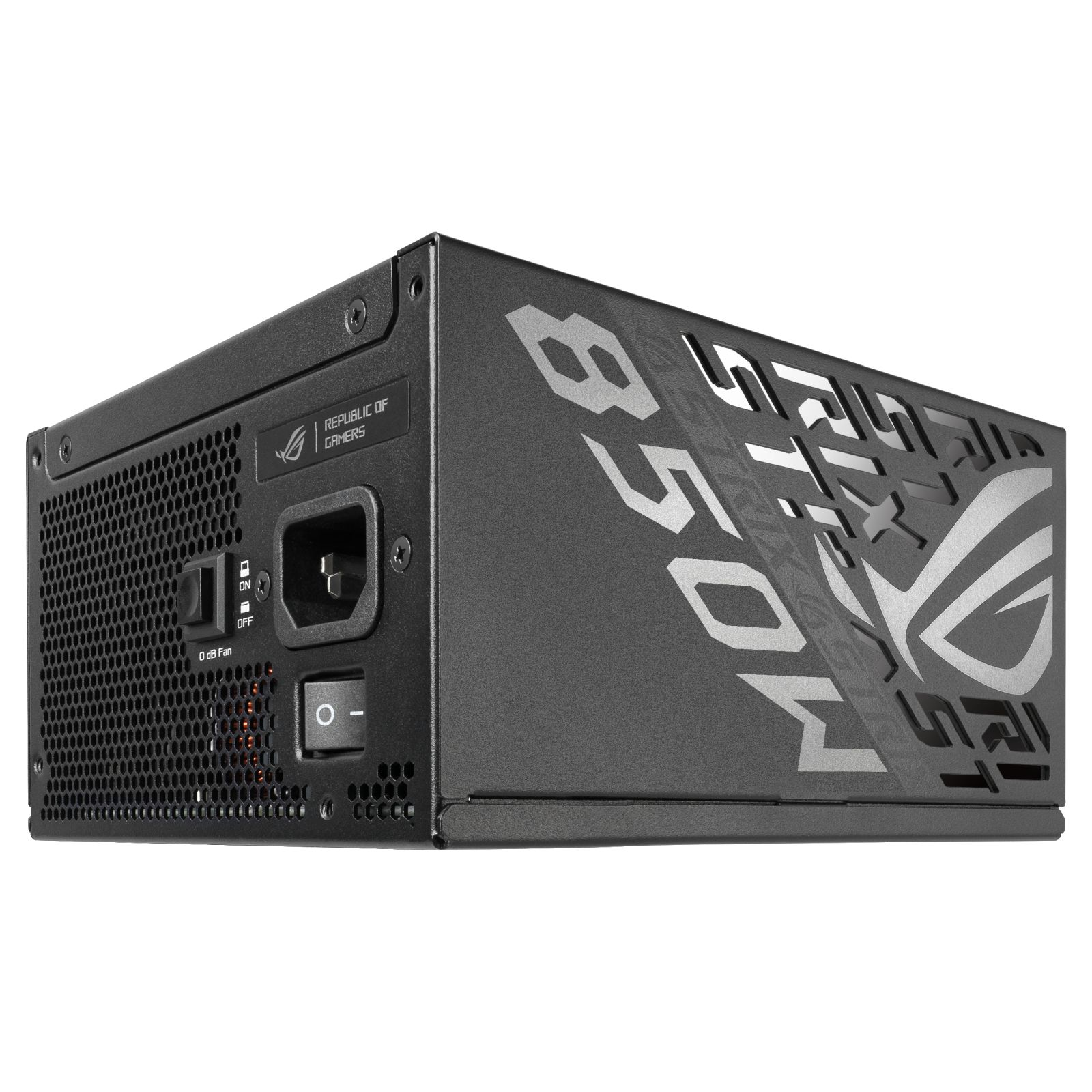 Czarny zasilacz komputerowy ROG Strix 850W z portami i przełącznikami, na białym tle.