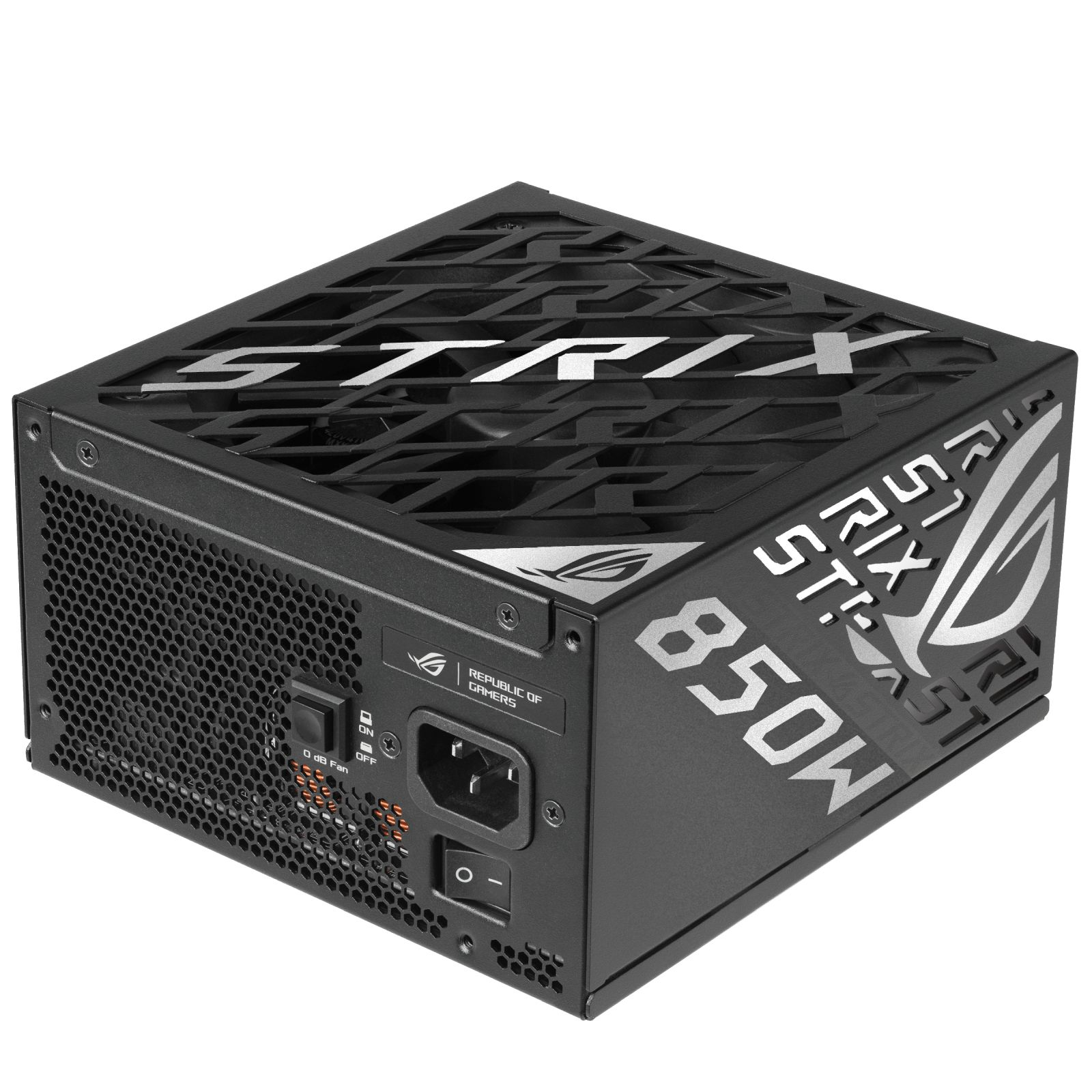 Czarny zasilacz ASUS ROG Strix 850W z wzorzystą kratką wentylatora i logiem na białym tle.