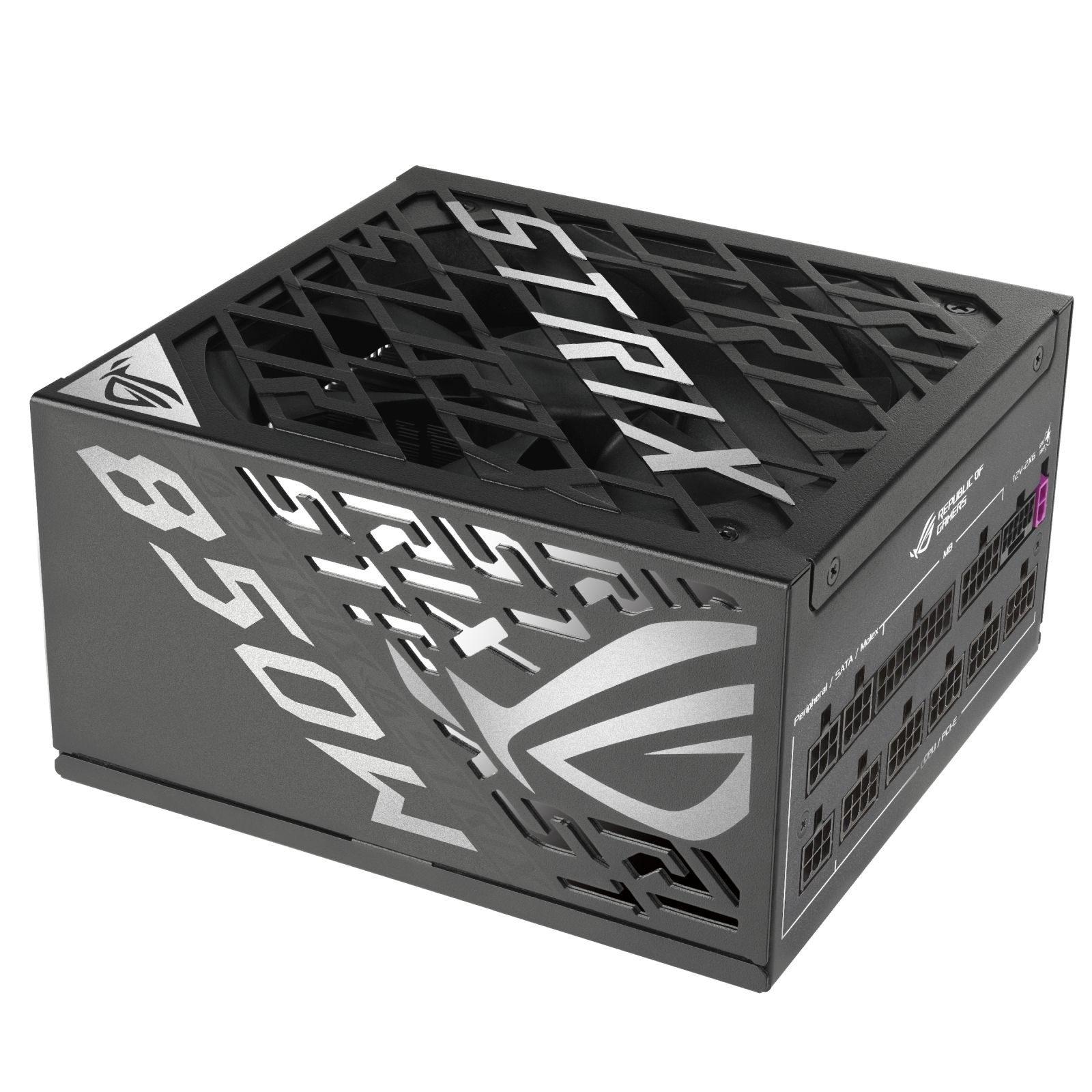 Czarny zasilacza komputerowego ROG Strix 850W z wentylowaną kratką i złączami na białym tle.