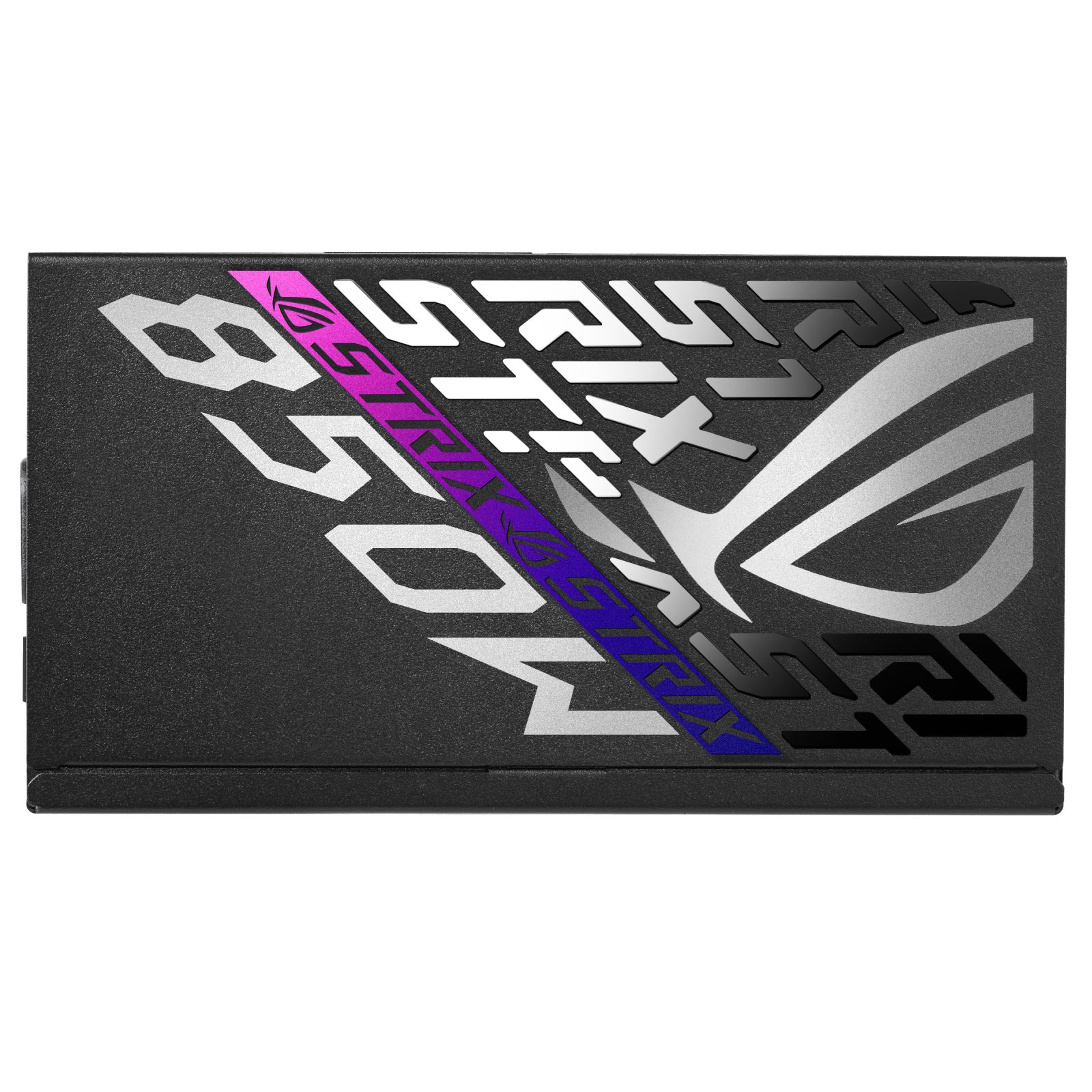 Czarny zasilacz z dużym srebrnym i fioletowym tekstem, logo ROG i 850W.