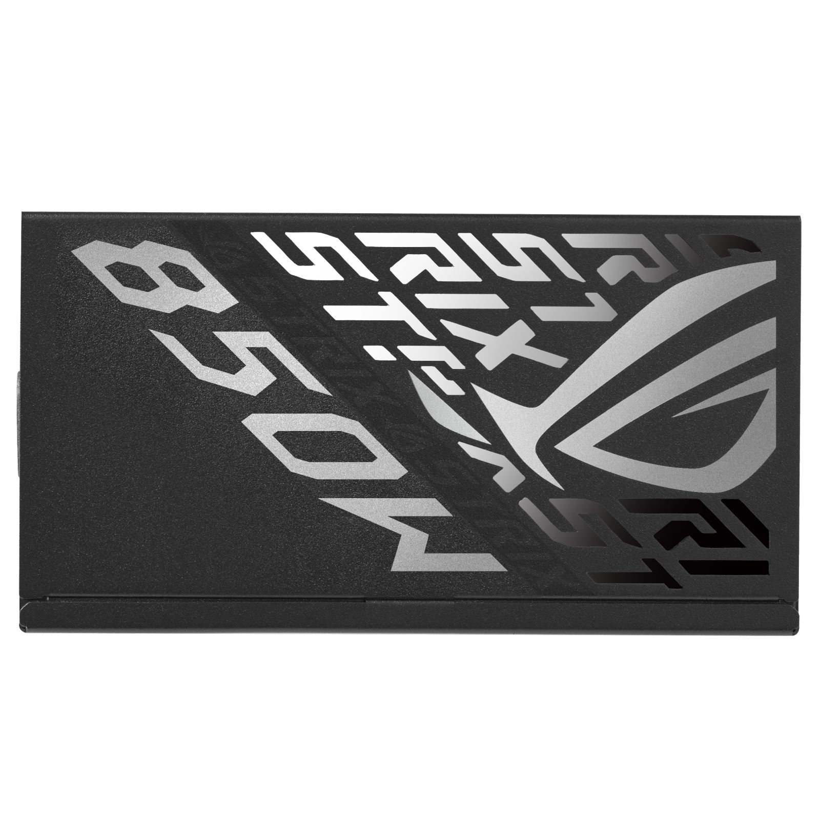 Czarny zasilacz komputerowy z dużym szarym napisem '850W' i logo ROG z boku.