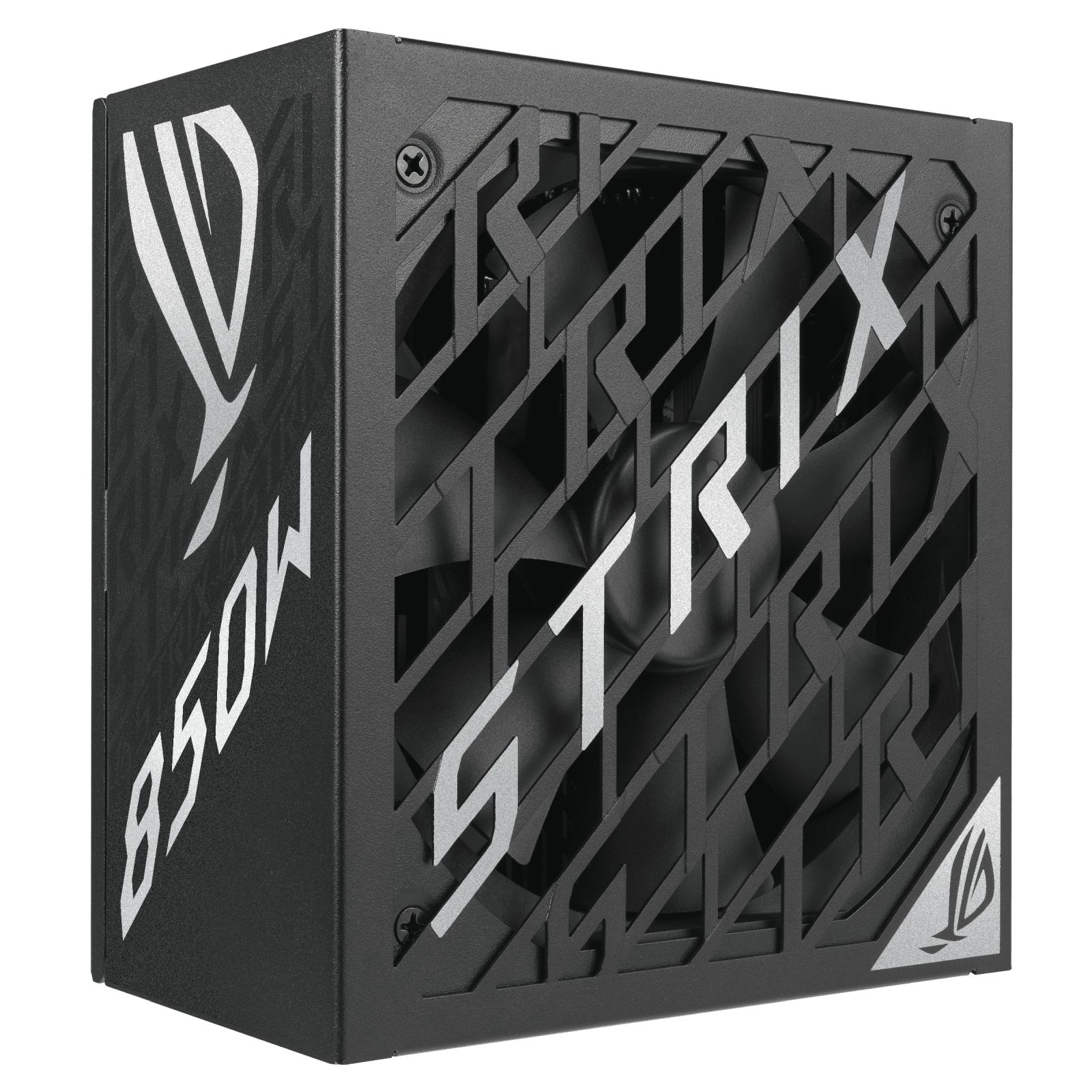 Czarny zasilacz ROG Strix 850W z ozdobną kratką wentylatora i srebrnym napisem Strix.