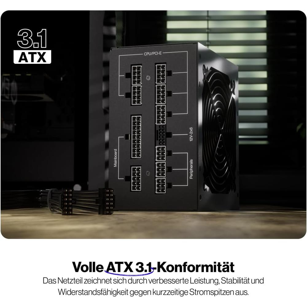 Czarny zasilacz ATX 3.1 z modularnymi złączami kabli i kratką wentylatora z boku.