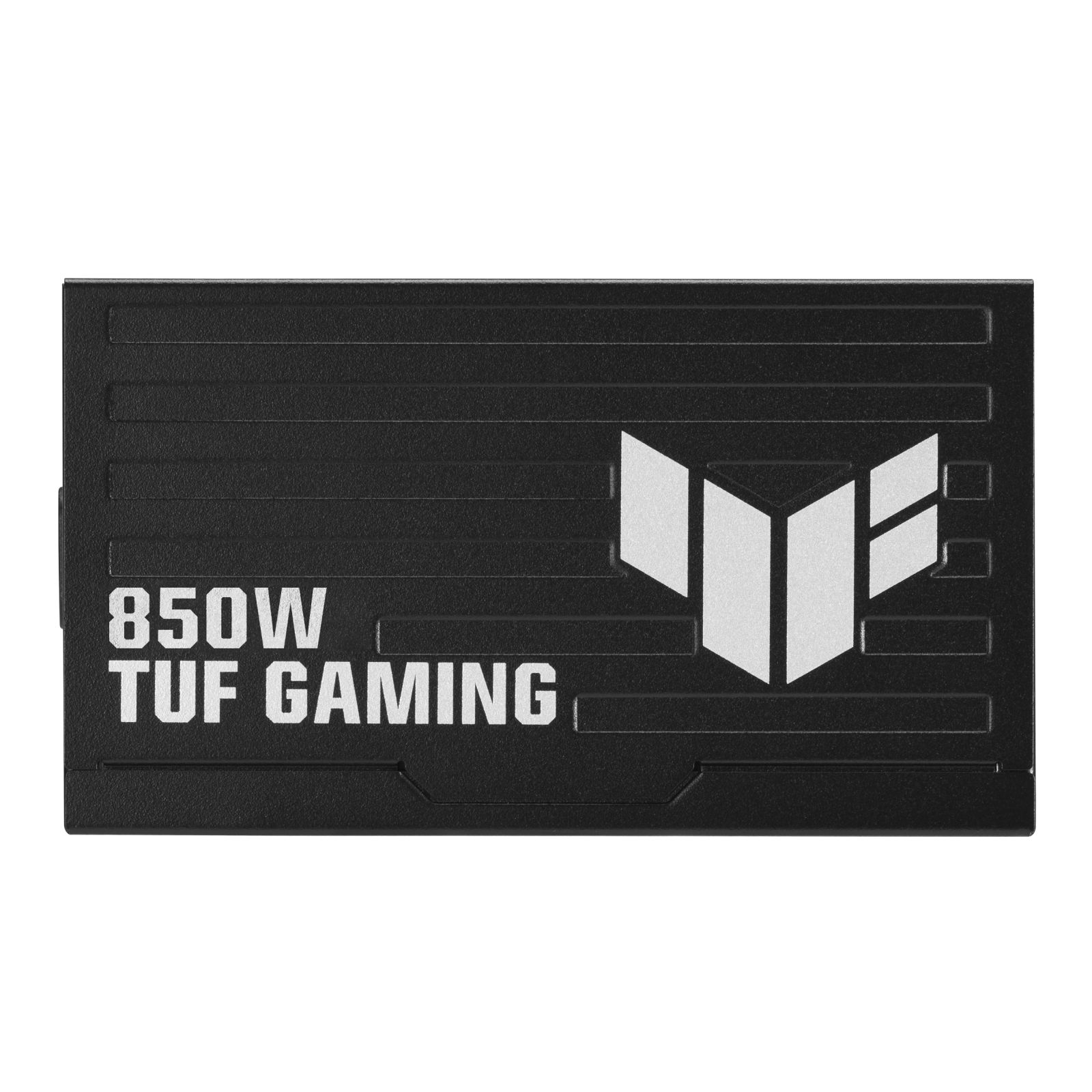 Czarny zasilacza TUF Gaming 850W z białym logo na białym tle.