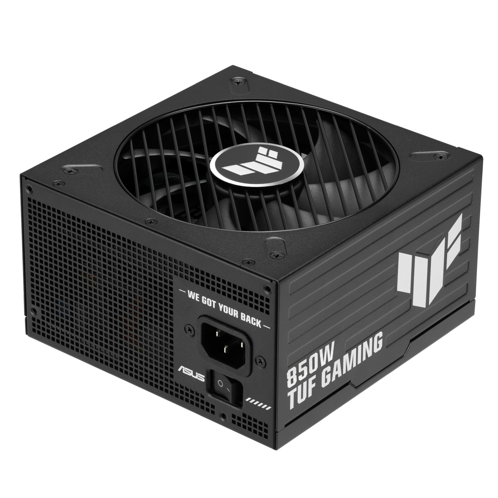 Czarny zasilacza ASUS TUF Gaming 850W z wentylatorem u góry i białym napisem z boku.