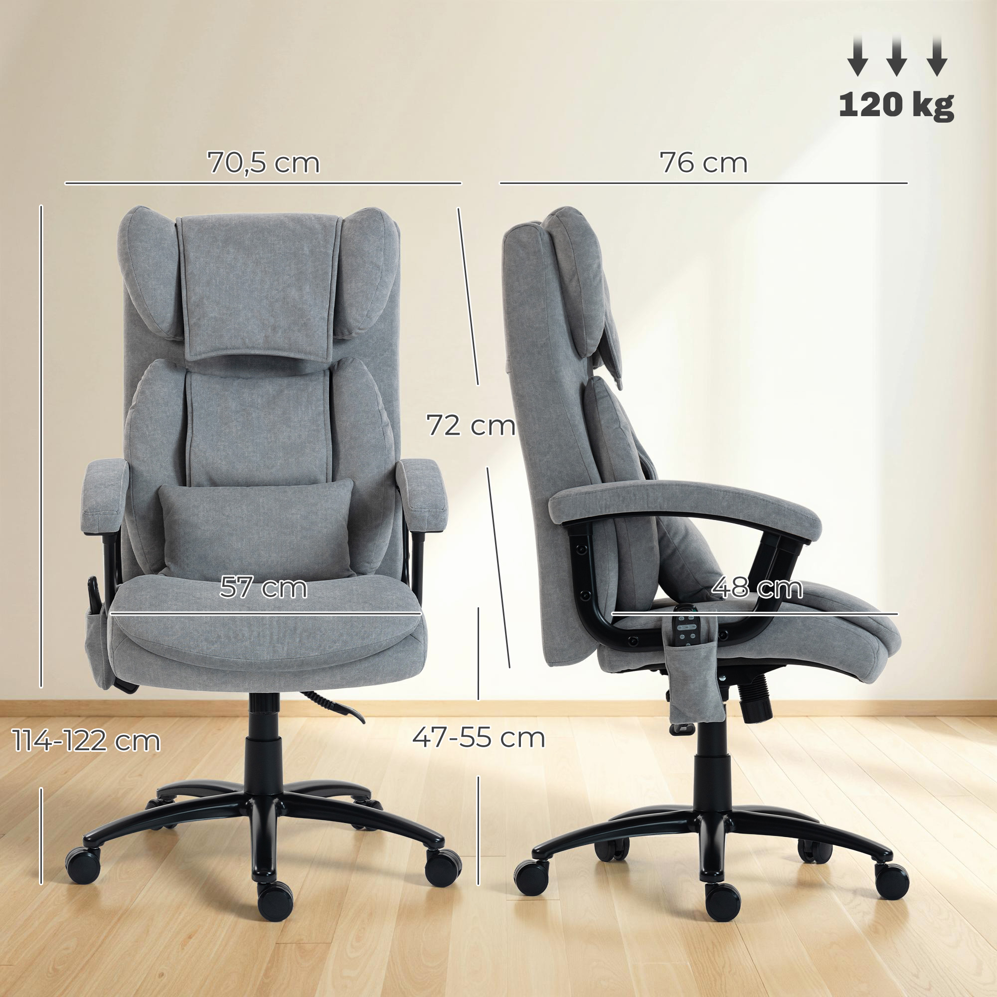 Silla de oficina gris con masaje, dimensiones en cm y 120 kg de capacidad.